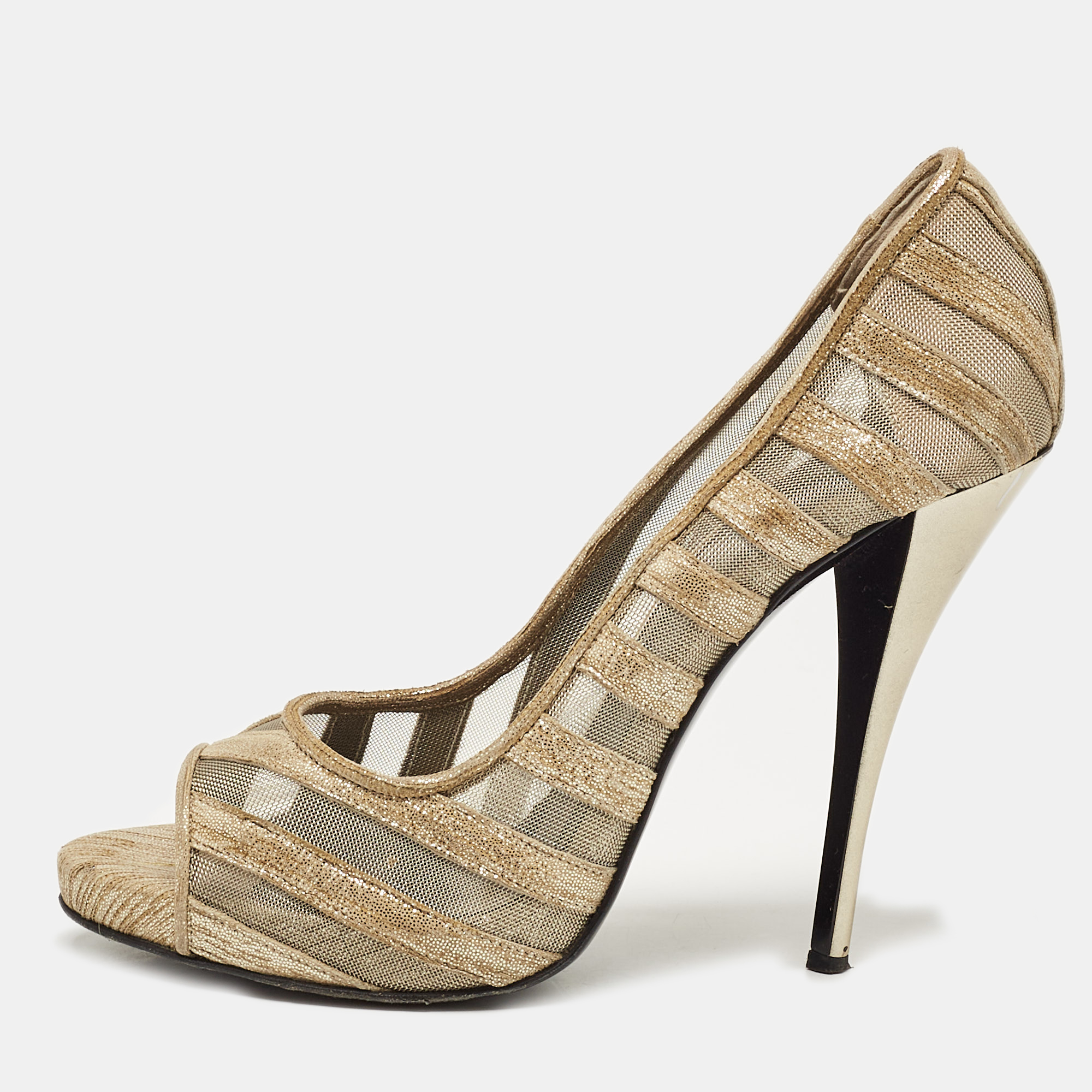 

PIERRE HARDY Gold Mesh and Suede Peep Toe Pumps Size