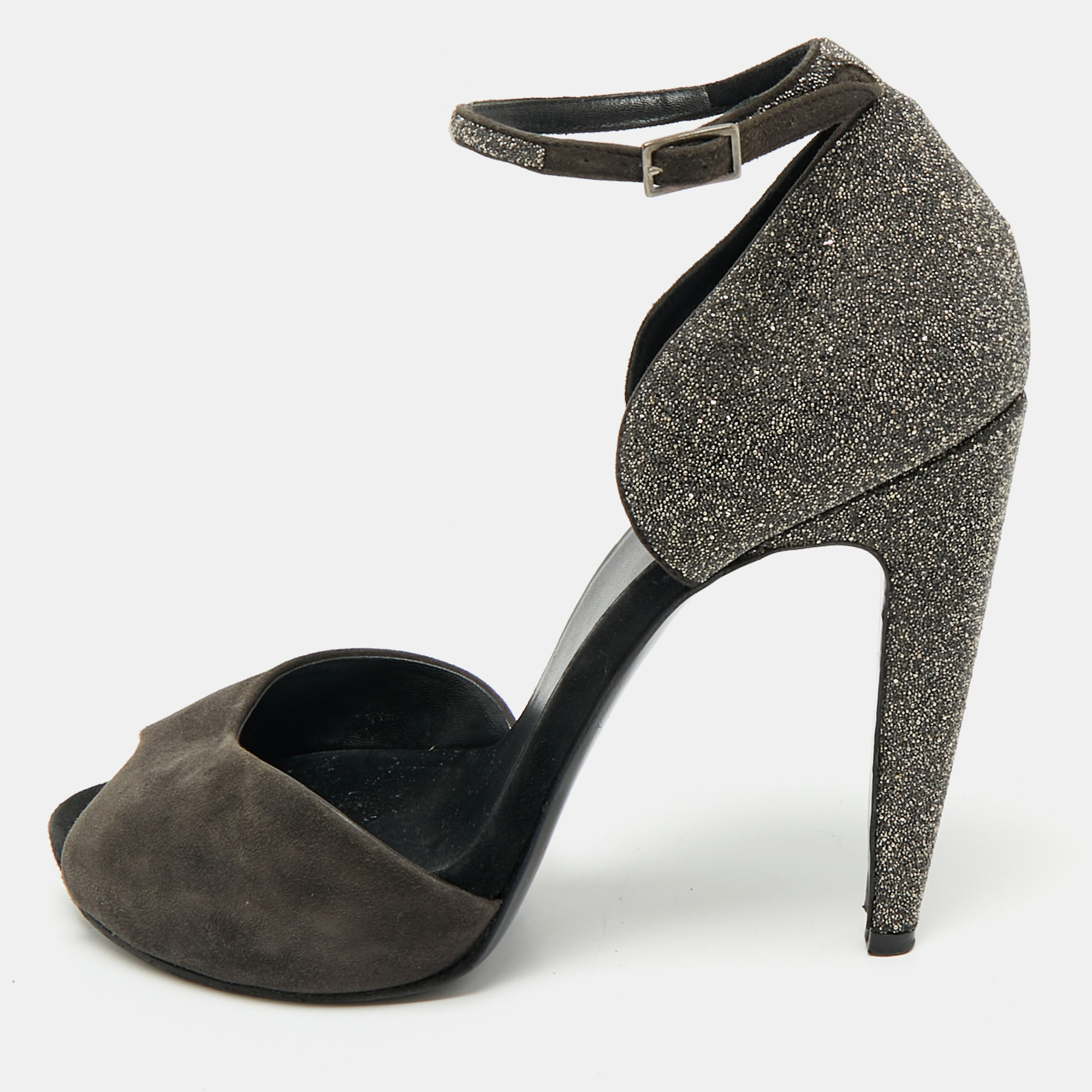 

PIERRE HARDY Black Glitter and Suede Peep Toe Ankle Strap Sandals Size