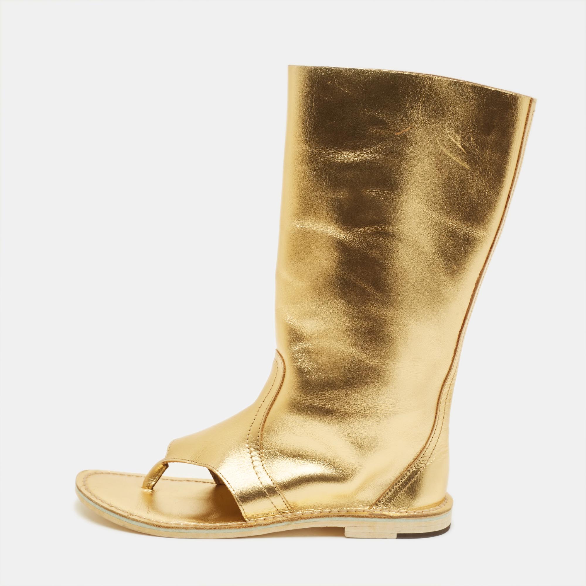 Pre-owned Pierre Hardy Size 39 Gold Leather Thong Cut Out Ankle Length Boots