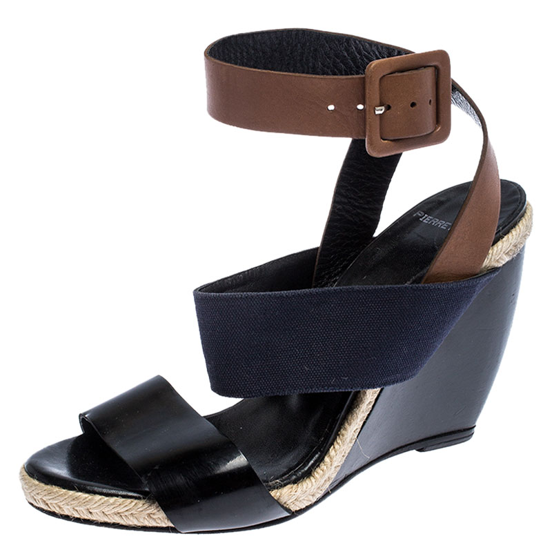 

Pierre Hardy Tri Color Leather and Canvas Ankle Strap Wedge Sandals Size, Brown