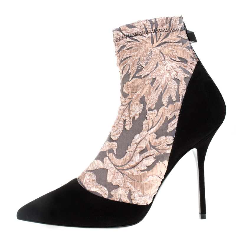 

Pierre Hardy Black/Metallic Peach Fabric and Suede Dolly Pointed Toe Ankle Boots Size