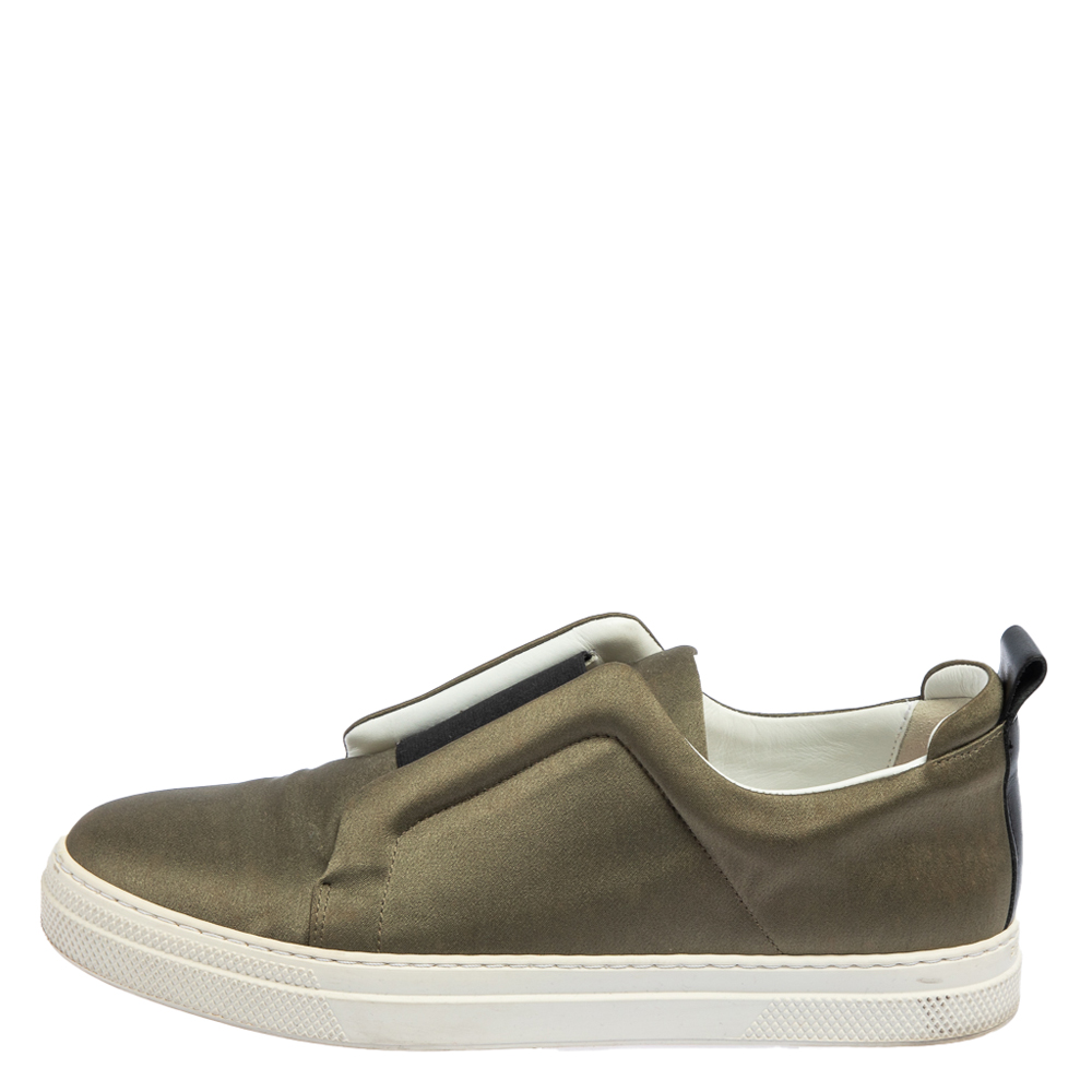 

Pierre Hardy Olive Green Satin Slip On Sneakers Size