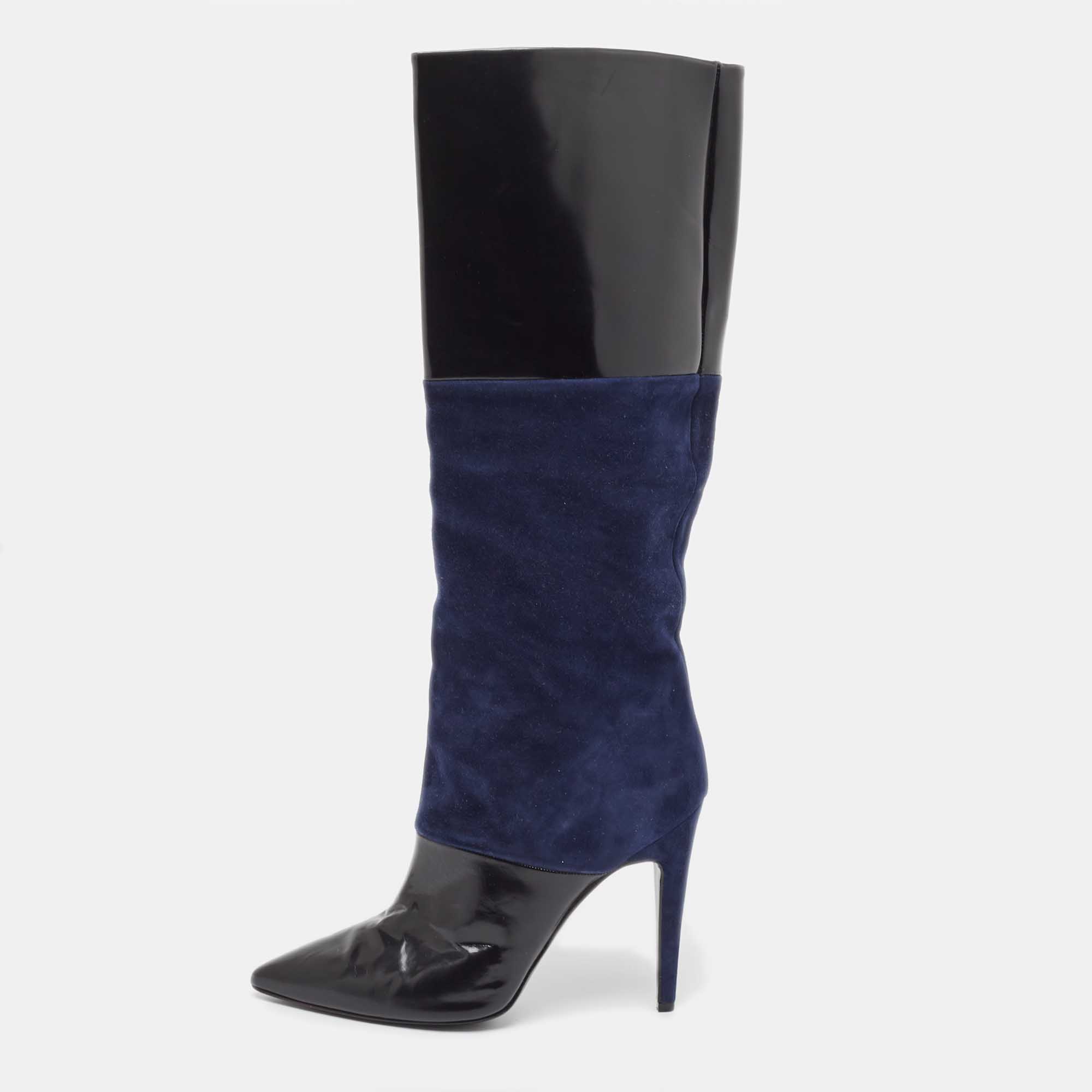 

Pierre Hardy Navy Blue/Black Suede and Patent Knee Length Boots Size