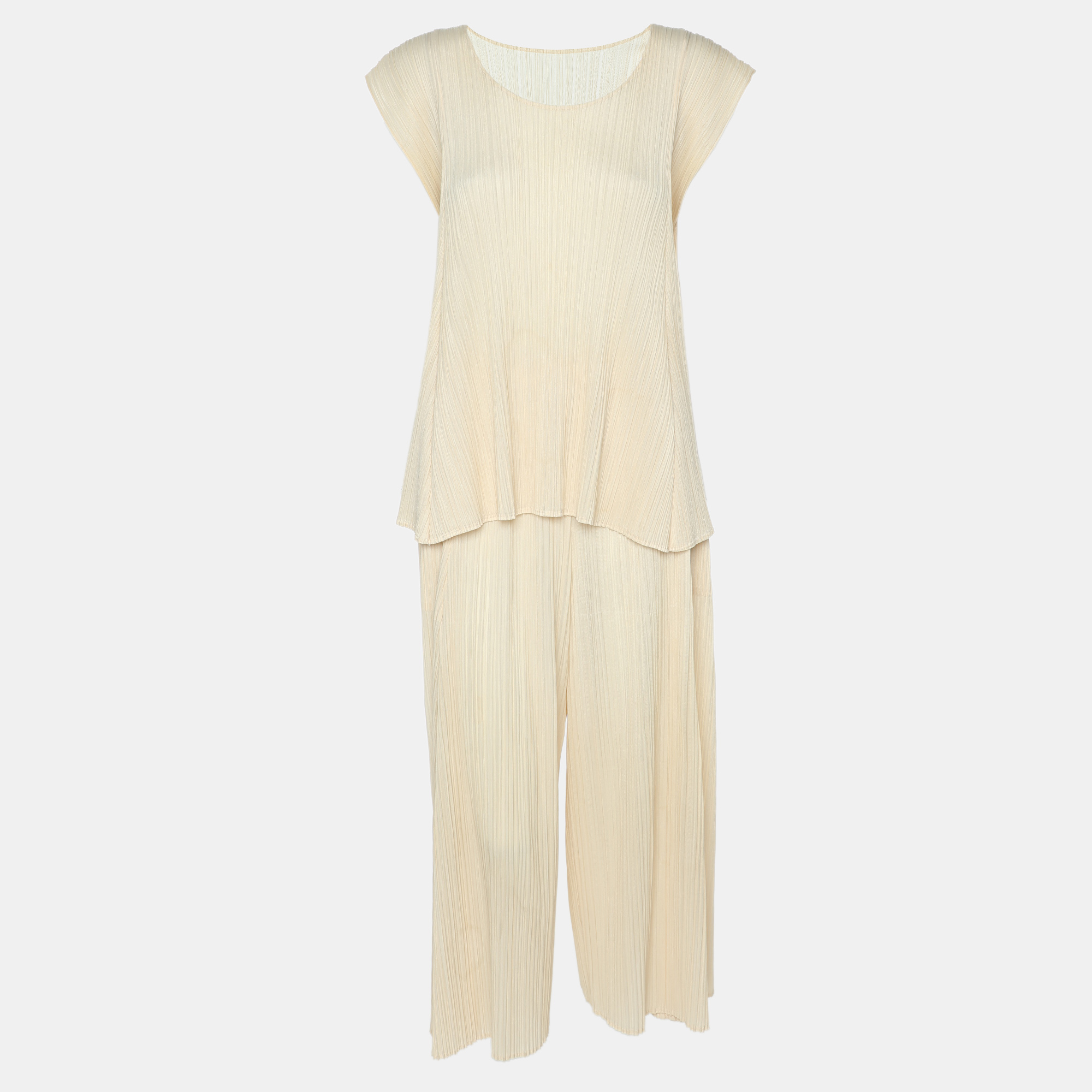 

Pleats Please by Issey Miyake Cream Plisse Top and Pant Set S