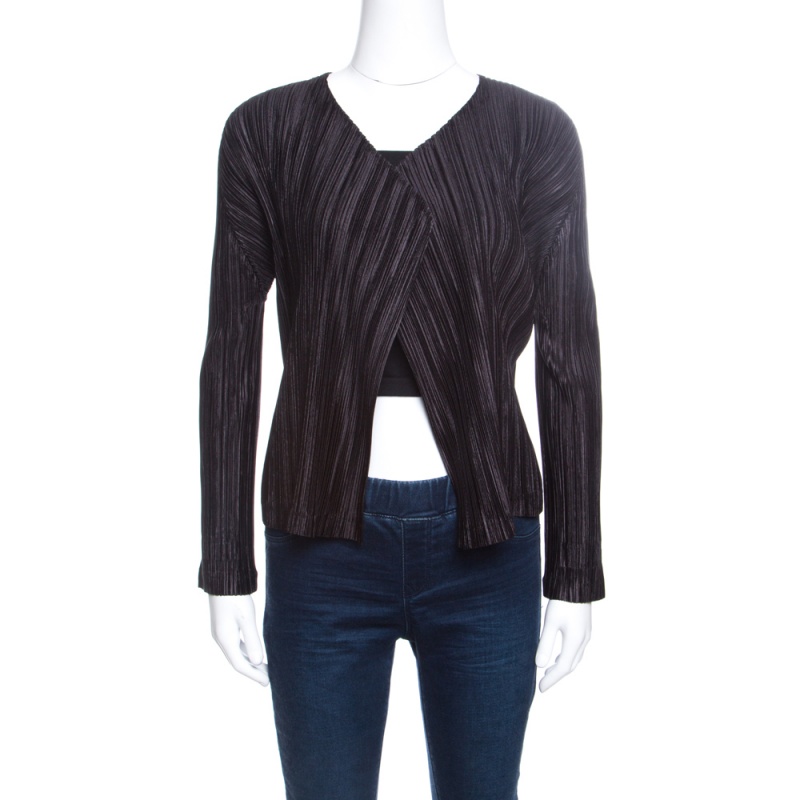 Pleats Please By Issey Miyake Black Plisse Open Front Jacket L
