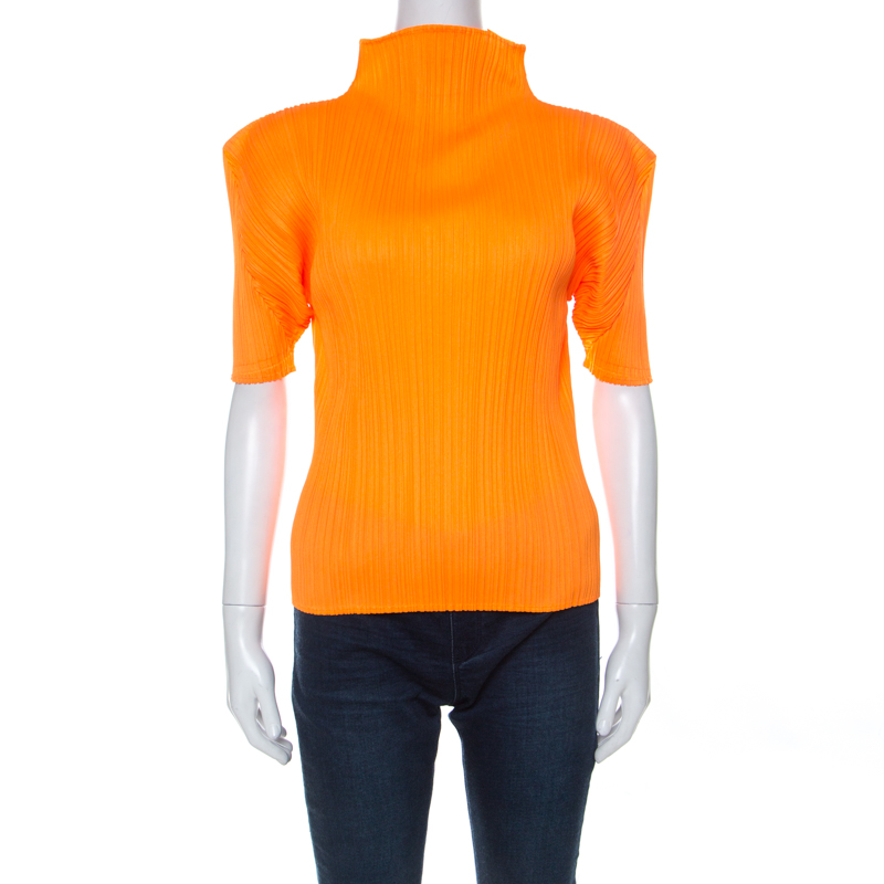 Pleats Please By Issey Miyake Orange Plisse Pleated High Neck Top S