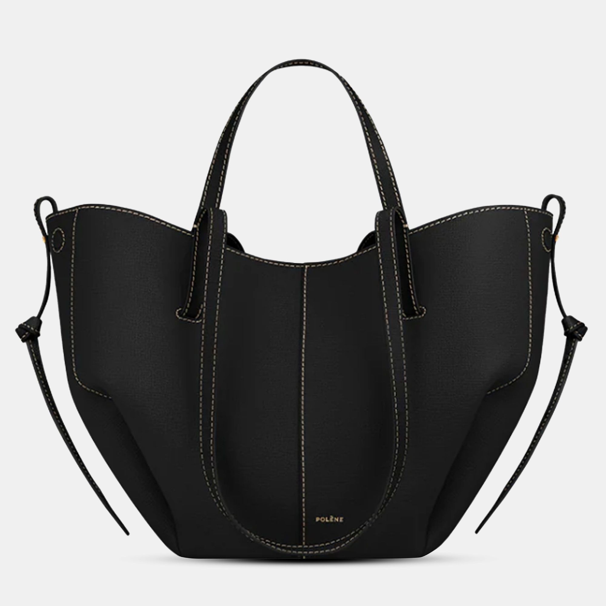 Pre-owned Polene Cyme Mini Grained Black Edition With Ecru Stitching Calfskin Leather Shoulder Bag