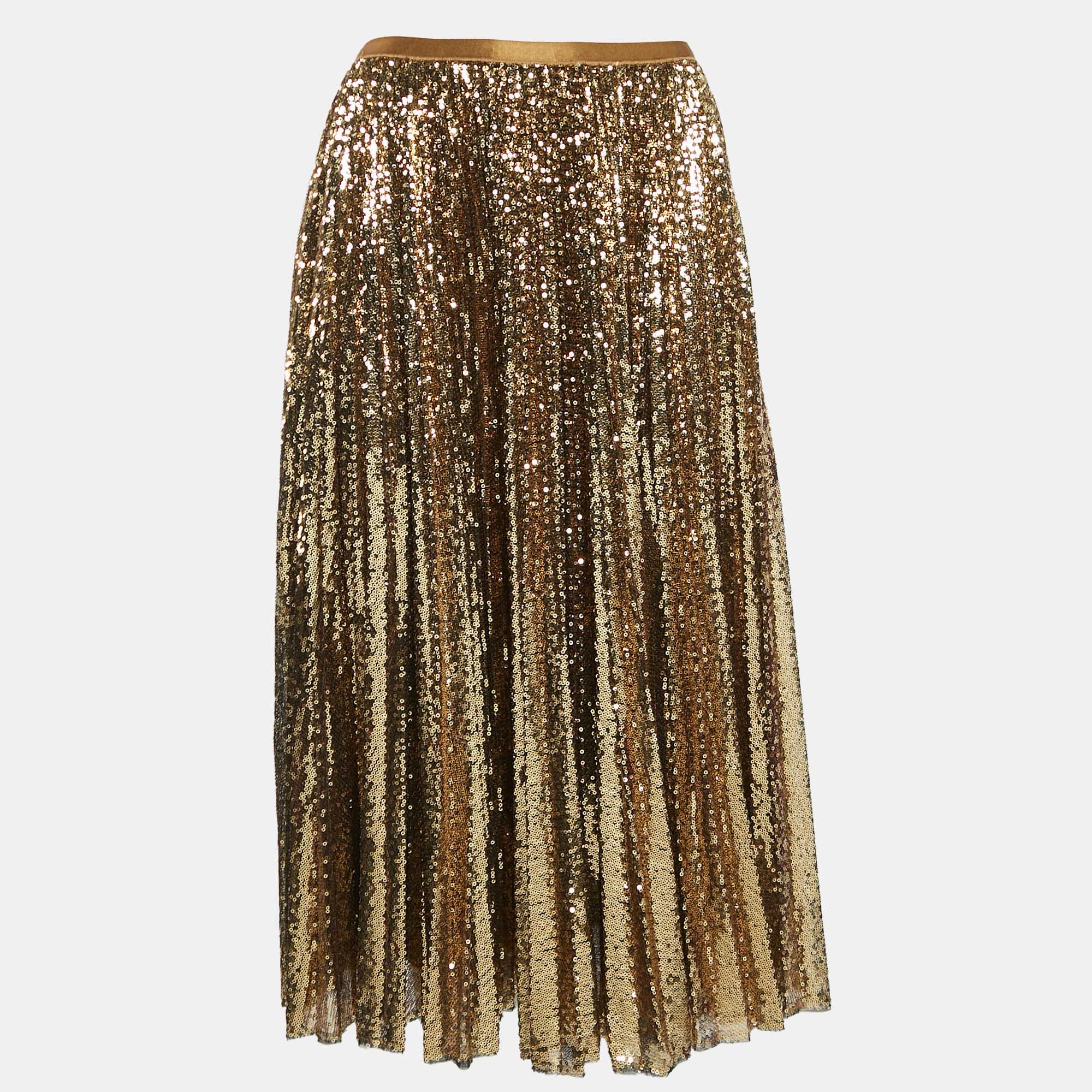 Pre-owned Polo Ralph Lauren Gold Sequin Plisse Midi Skirt S