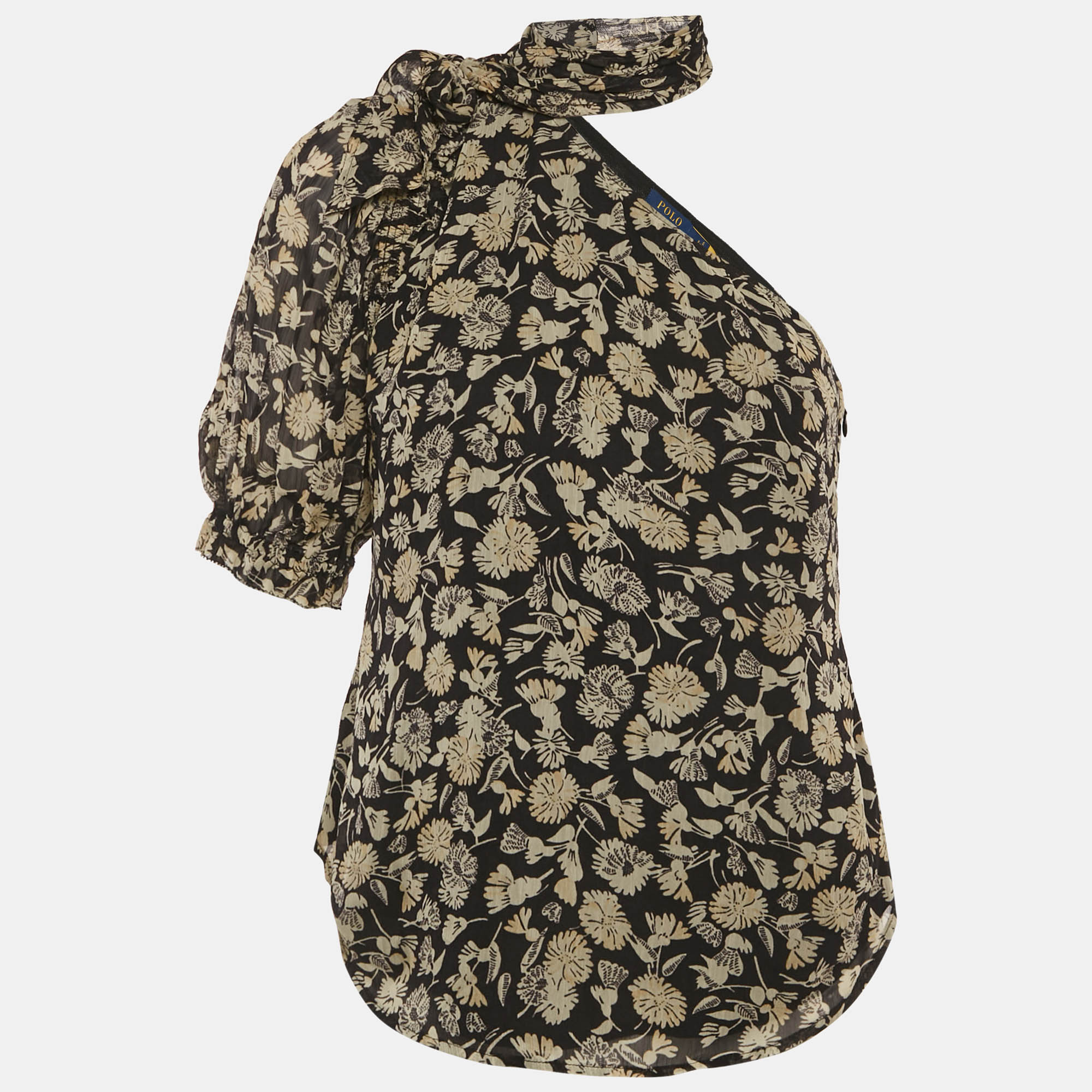 Pre-owned Polo Ralph Lauren Black Floral Print One Shoulder Blouse S