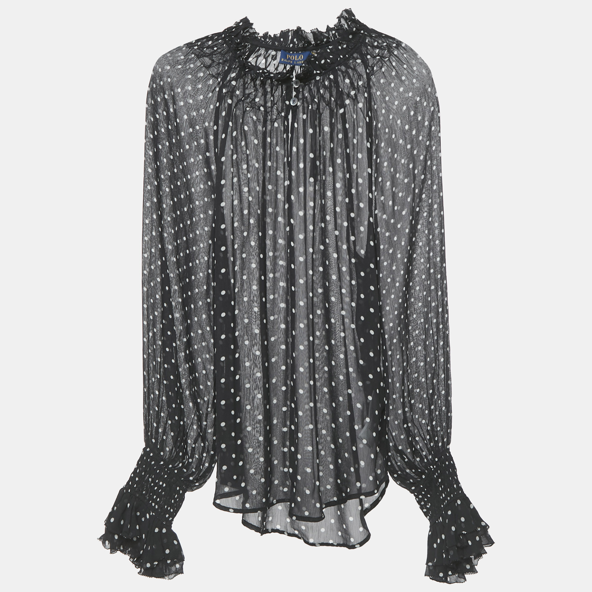 Pre-owned Polo Ralph Lauren Black Polka Dots Print Chiffon Blouse S