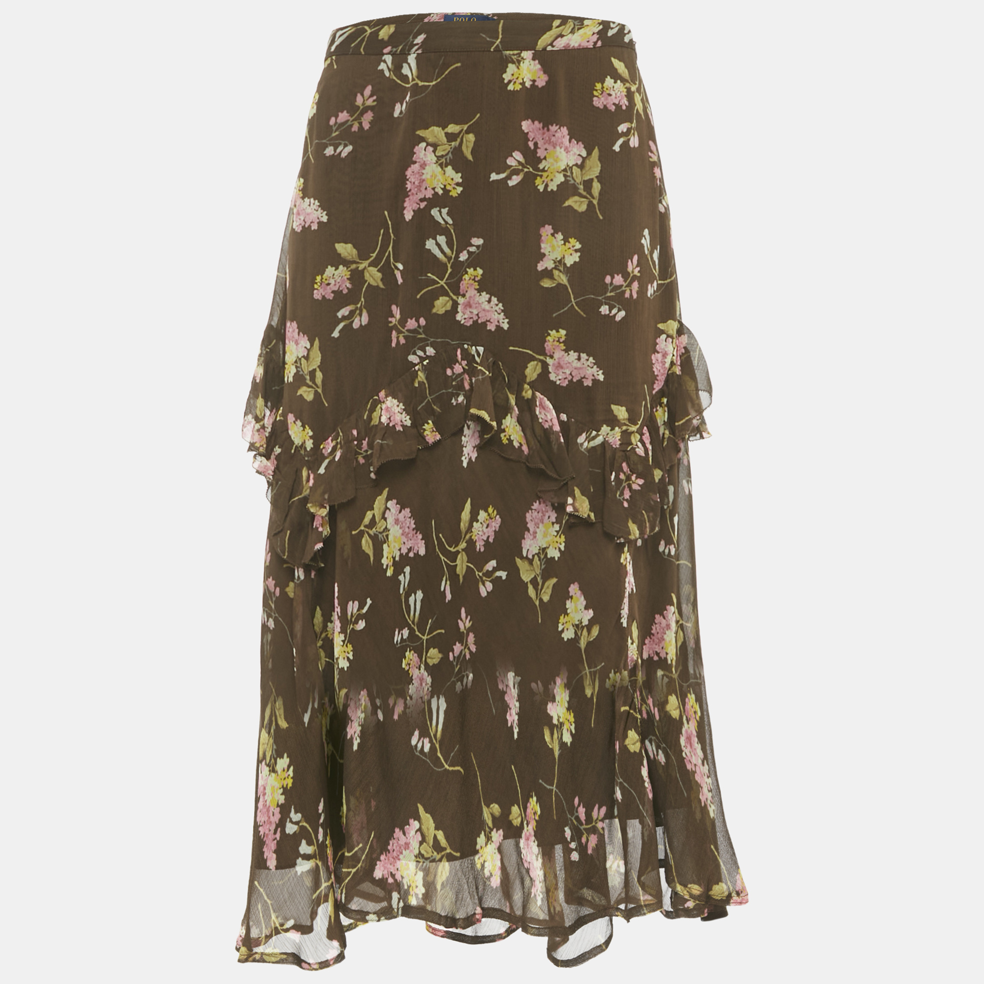 Pre-owned Polo Ralph Lauren Brown Floral Print Chiffon Ruffled Midi Skirt M