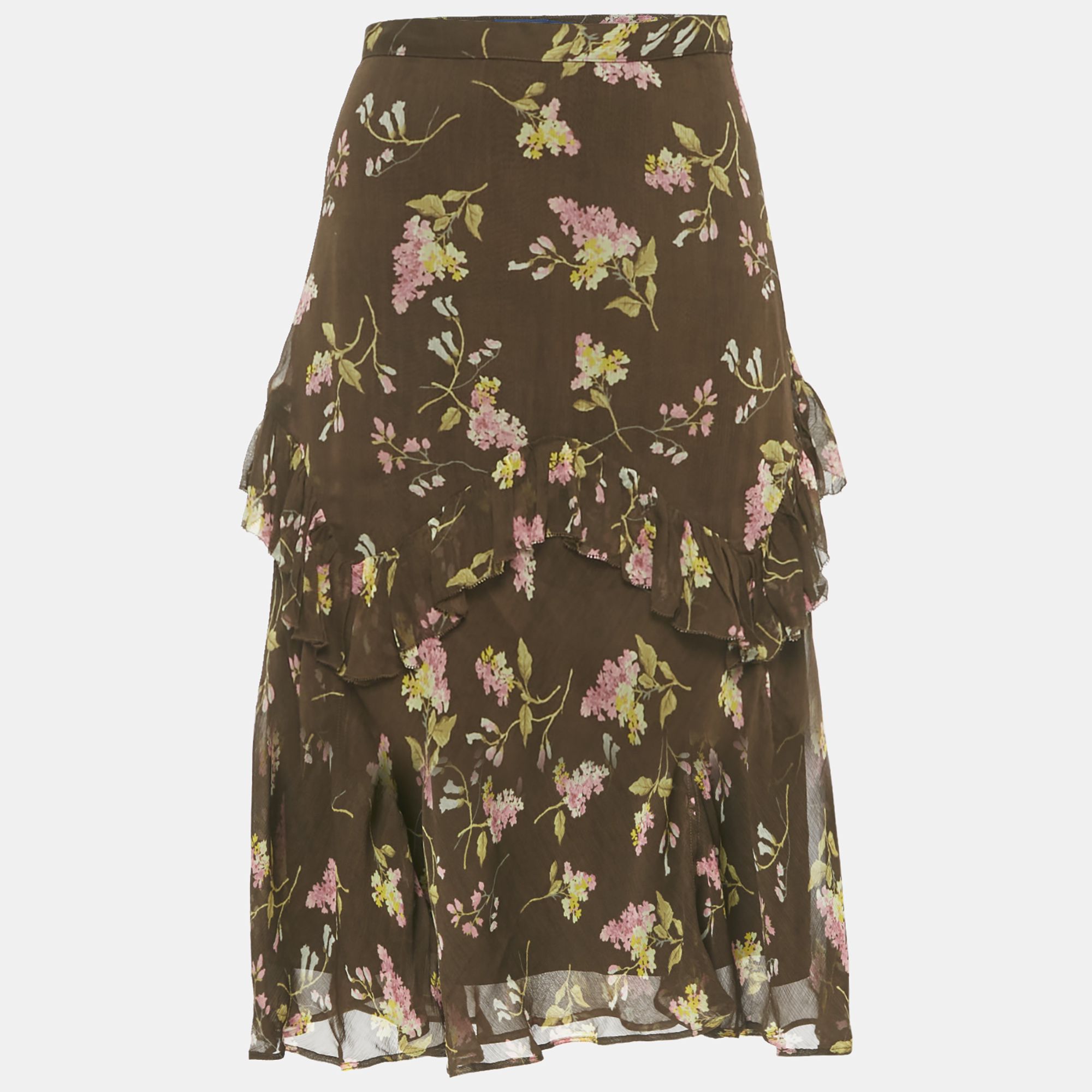 Pre-owned Polo Ralph Lauren Brown Floral Print Chiffon Ruffled Midi Skirt S