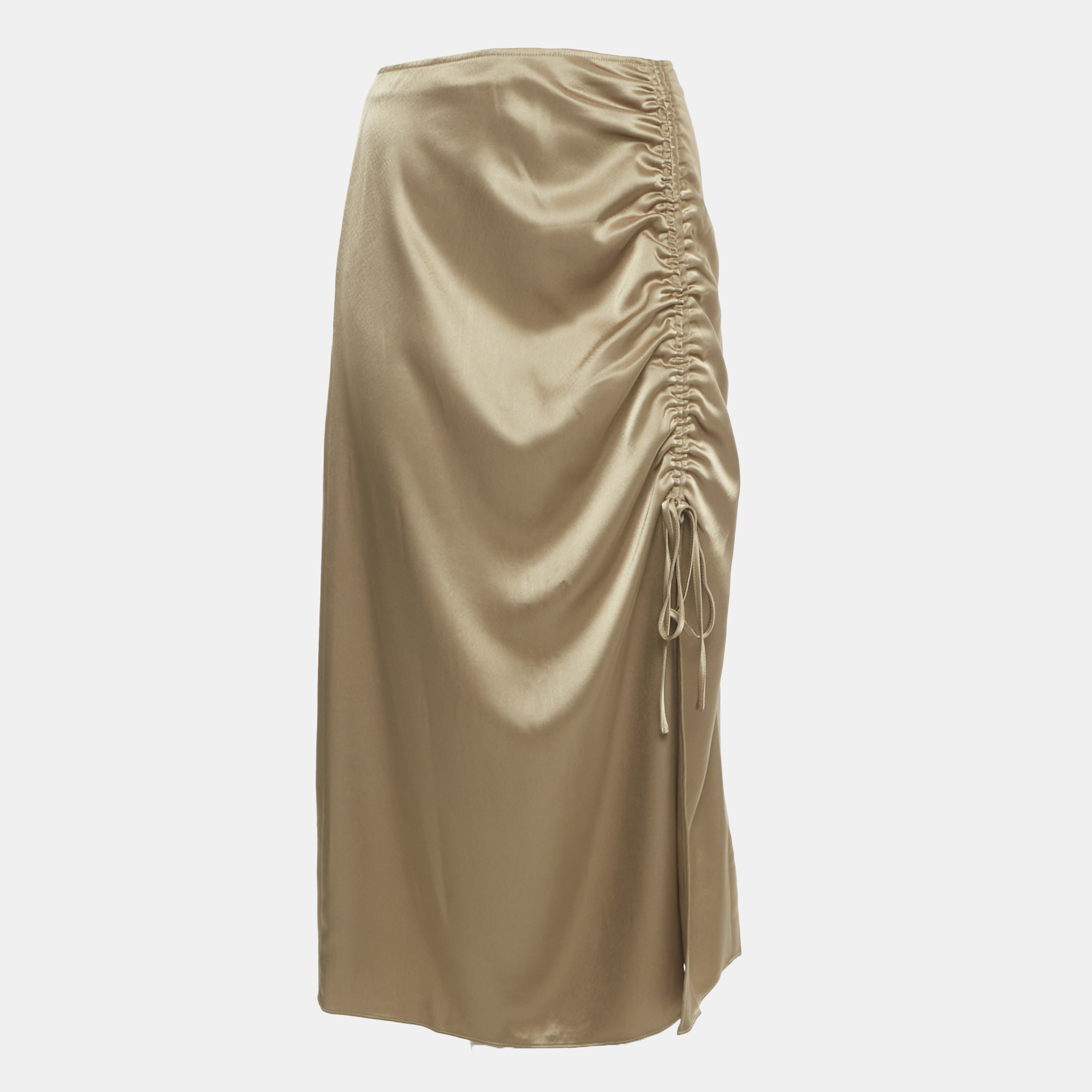 Pre-owned Polo Ralph Lauren Gold Satin Ruched Slit Detail Midi Skirt S