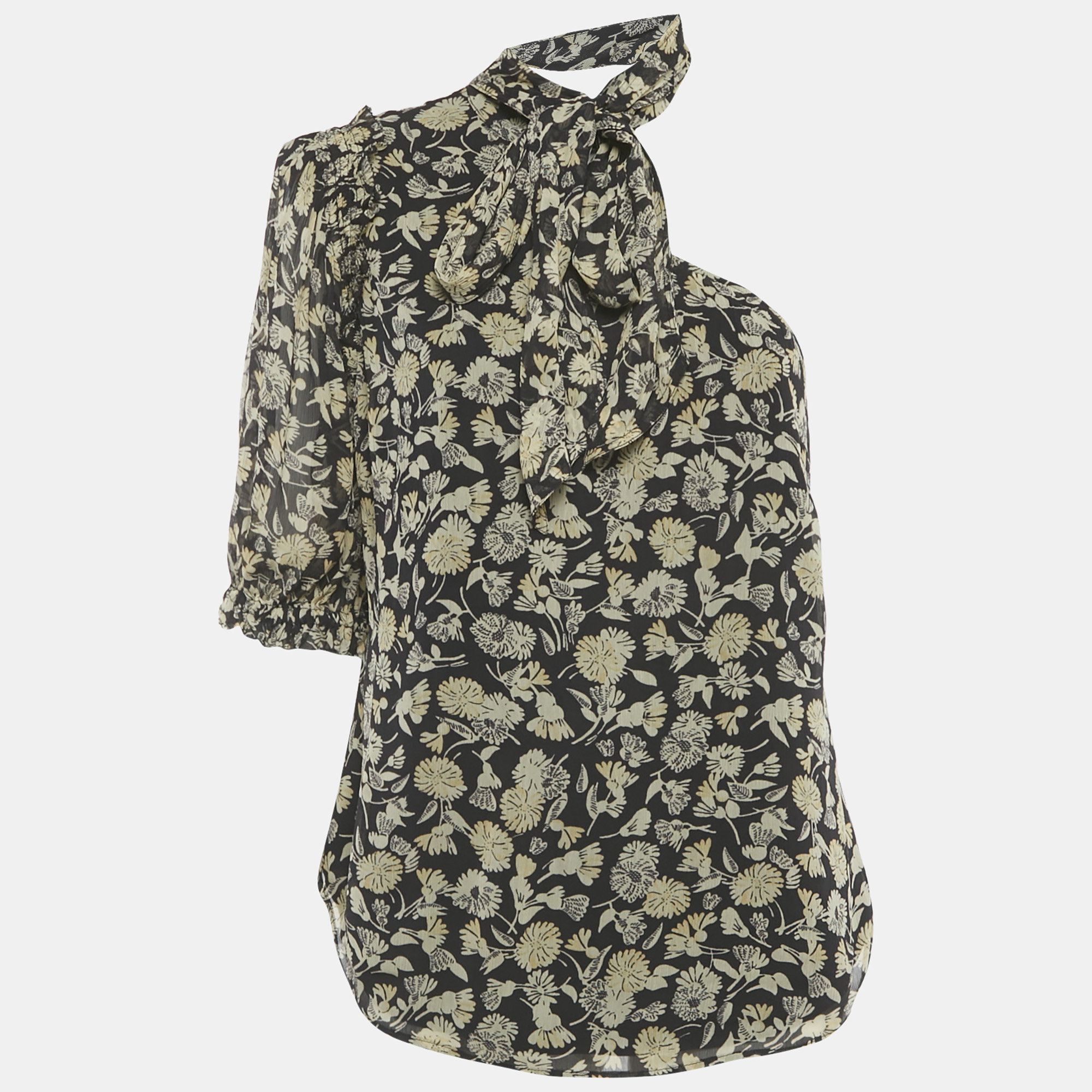 

Polo Ralph Lauren Black Floral Printed Neck Tie Detail One Shoulder Top M