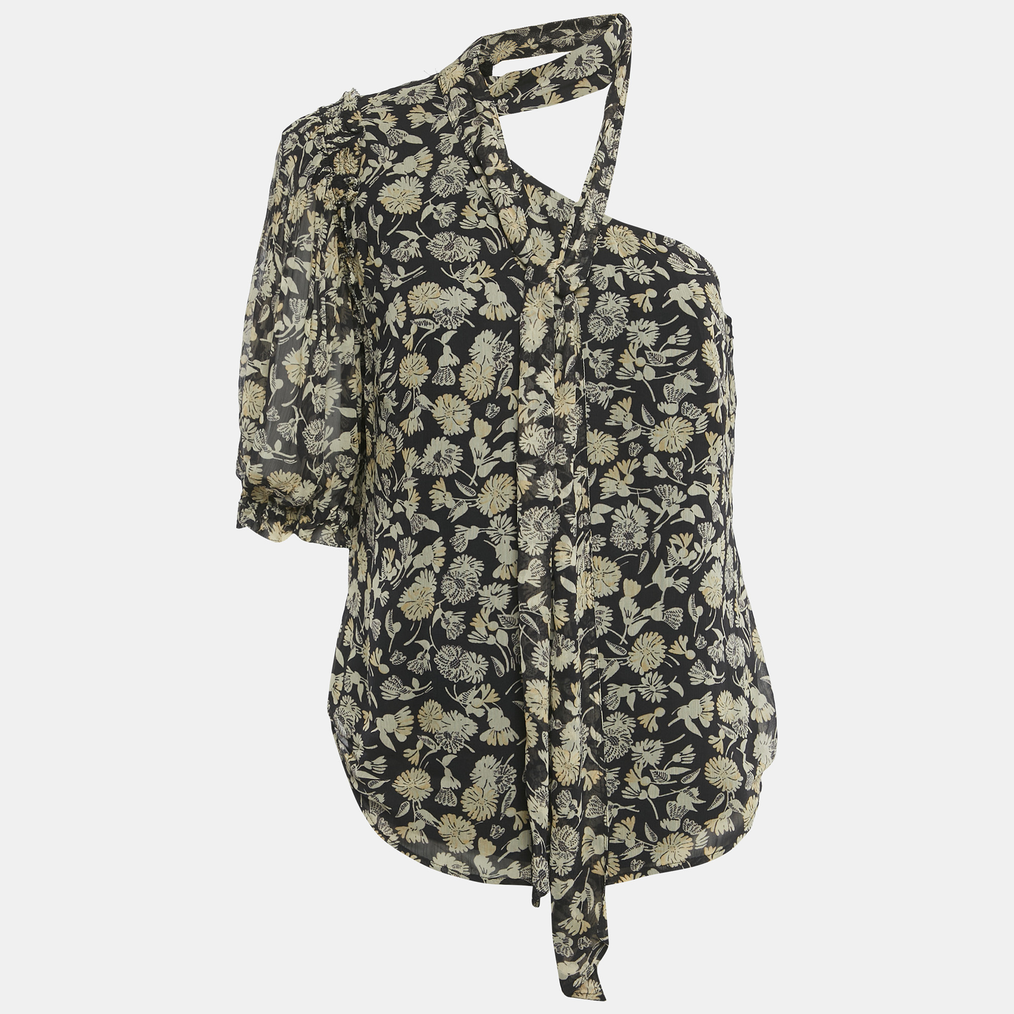 

Polo Ralph Lauren Black Floral Print Chiffon One-Shoulder Top M