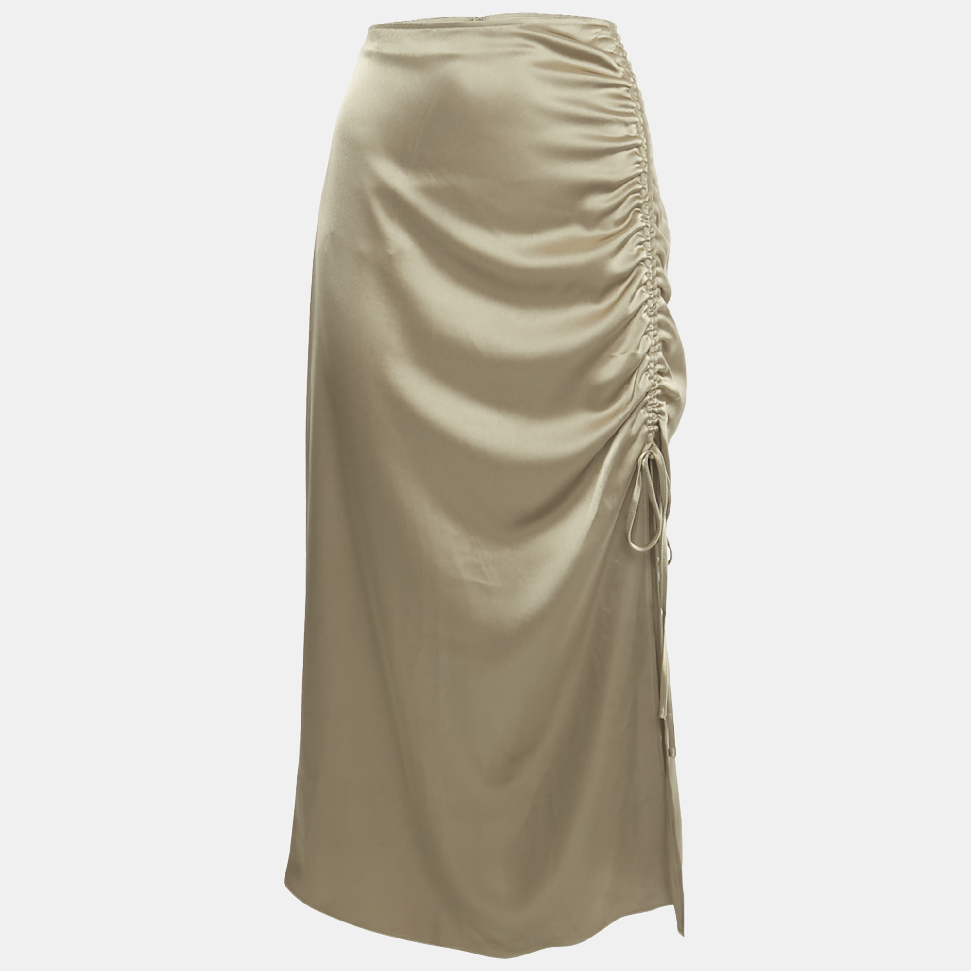 Pre-owned Polo Ralph Lauren Brown Satin Ruched Midi Skirt M