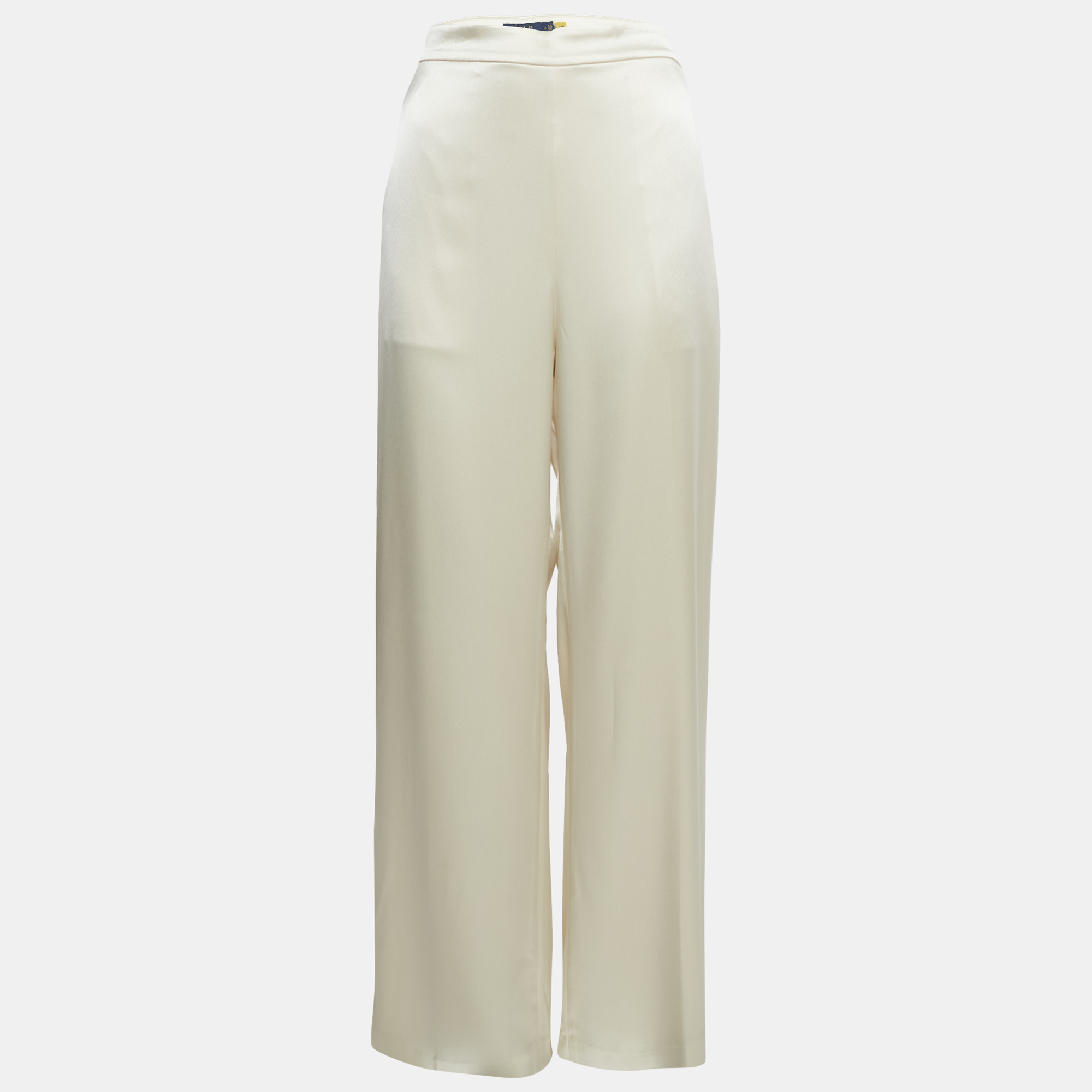 Pre-owned Polo Ralph Lauren Cream Satin Wide-leg Trousers L In White