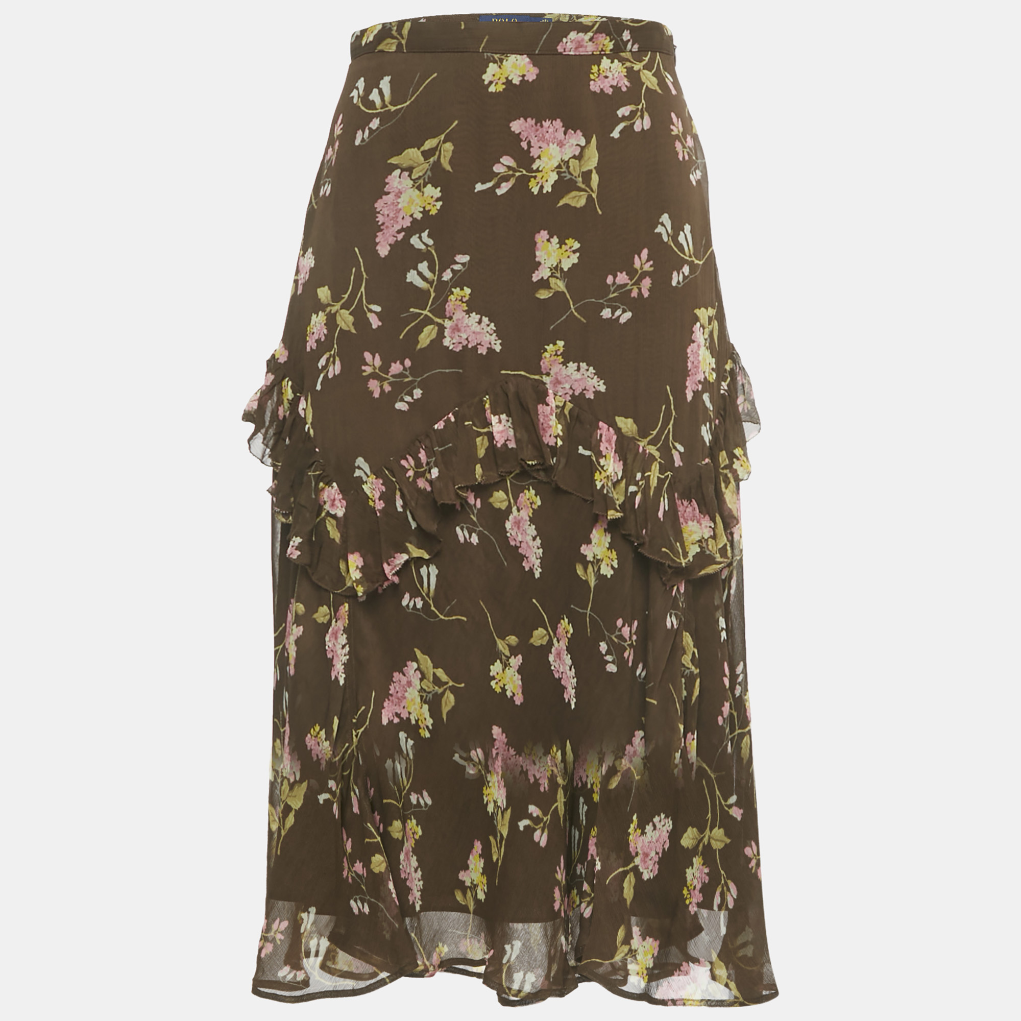 Pre-owned Polo Ralph Lauren Brown Floral Print Chiffon Ruffled Midi Skirt S