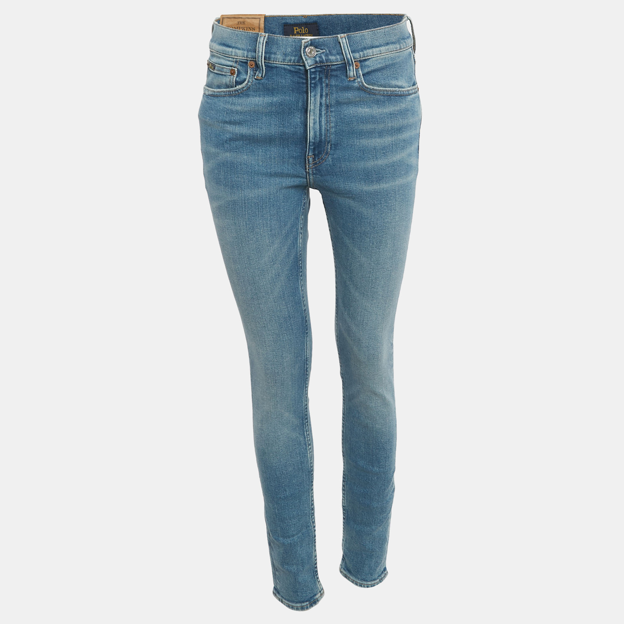 Pre-owned Polo Ralph Lauren Blue Denim The Tompkins Mid Rise Skinny Jeans M/waist 28" In White