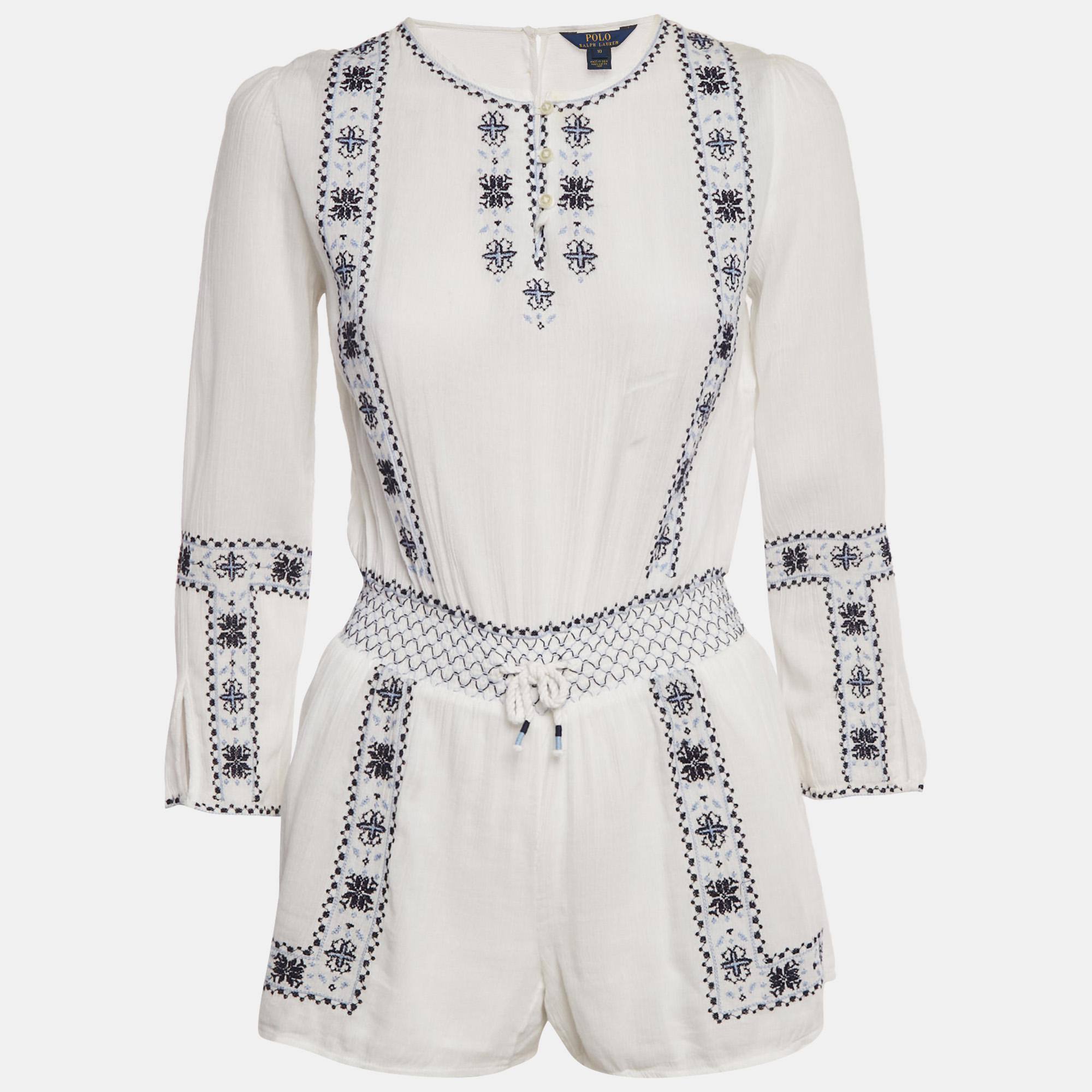 Pre-owned Polo Ralph Lauren White Embroidered Cotton Playsuit L