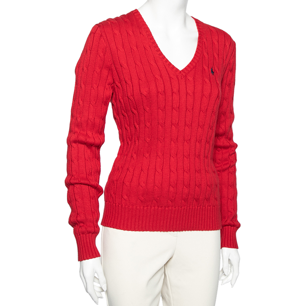 

Polo Ralph Lauren Red Cotton Knit Kimberly V-Neck Sweater