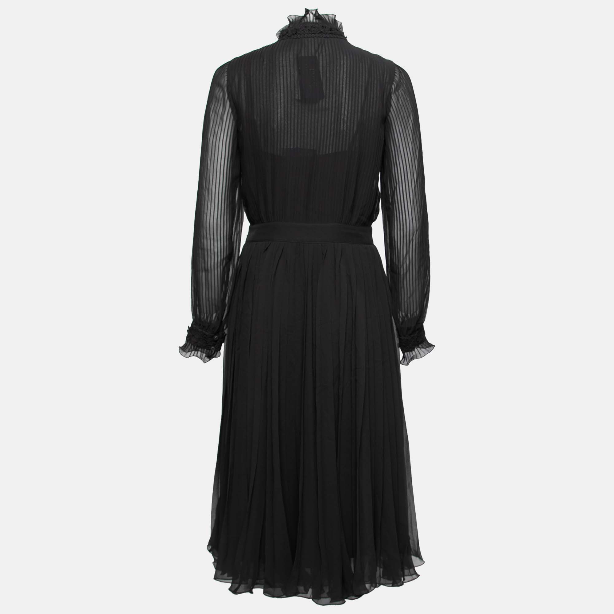 

Polo Ralph Lauren Black Crepe Lace Trimmed Anabelle Pleated High Neck Dress