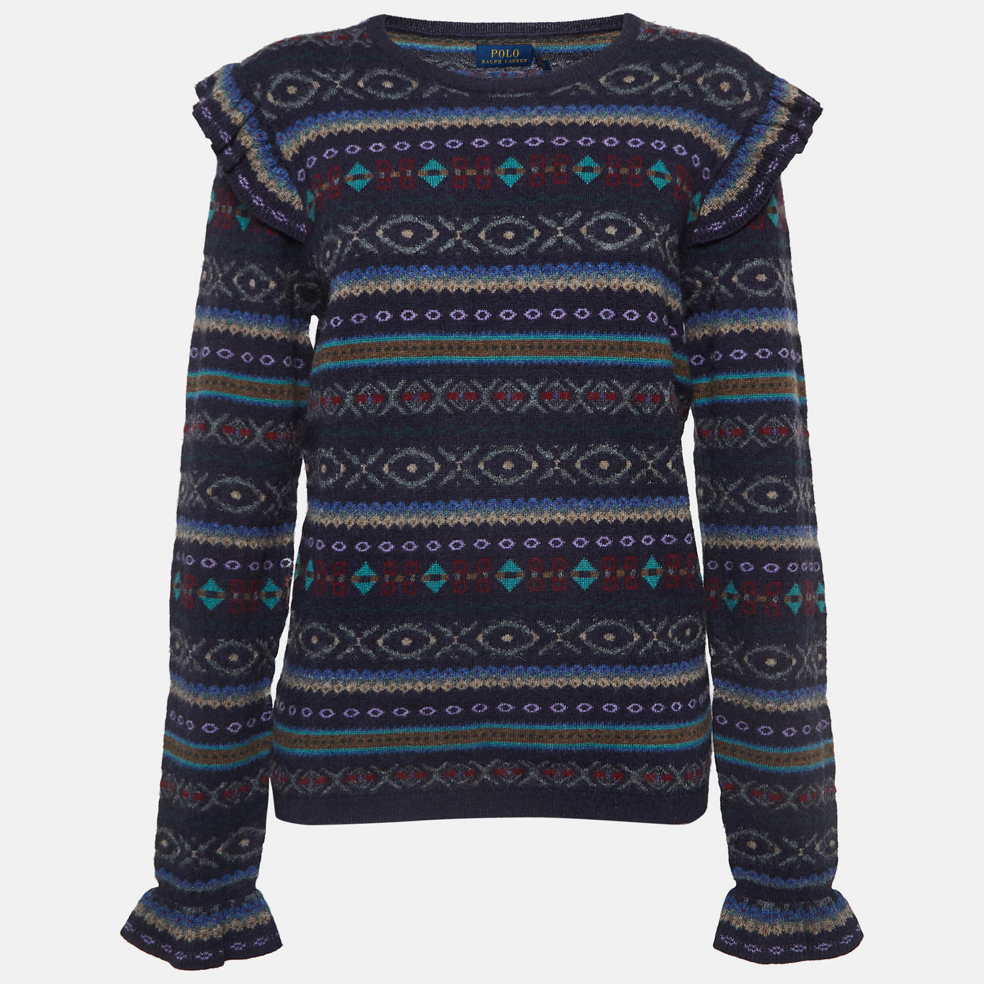 

Polo Ralph Lauren Navy Blue Patterned Wool Blend Ruffled Sweater L