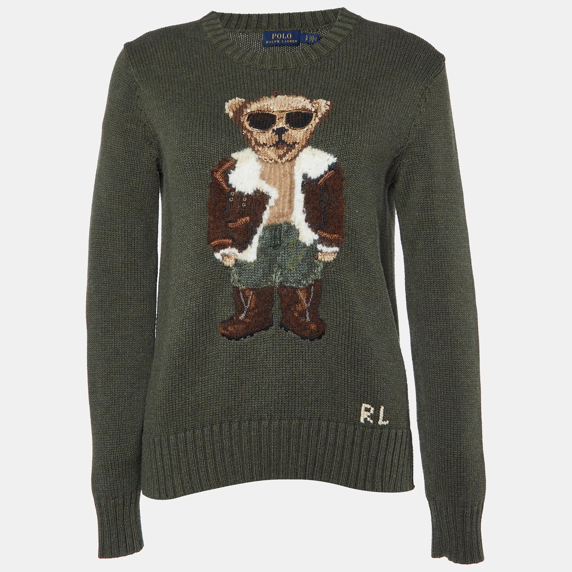 

Polo Ralph Lauren Olive Green Bear Intarsia Knit Crew Neck Sweater S