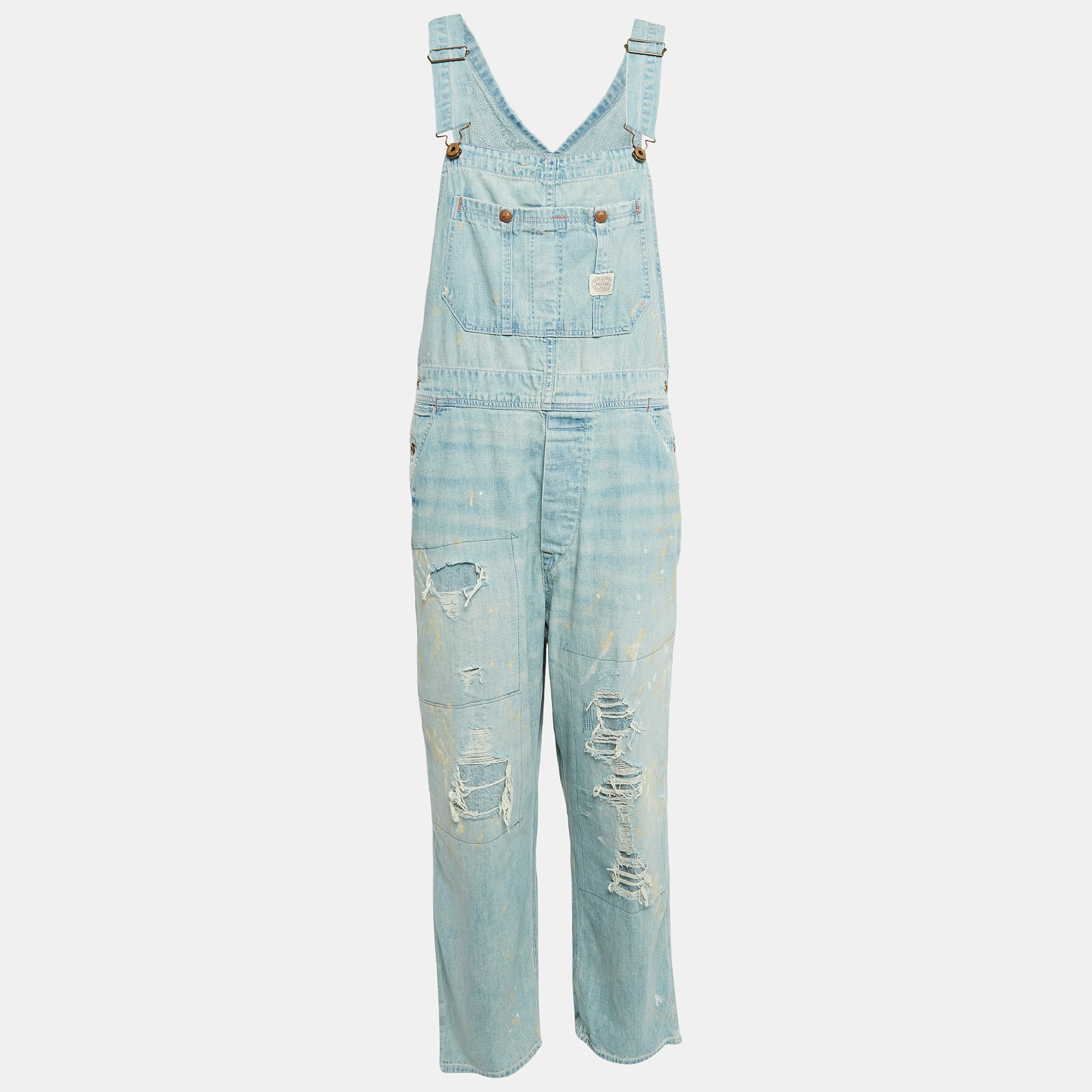 Pre-owned Polo Ralph Lauren Blue Distressed Denim Jumpsuit M