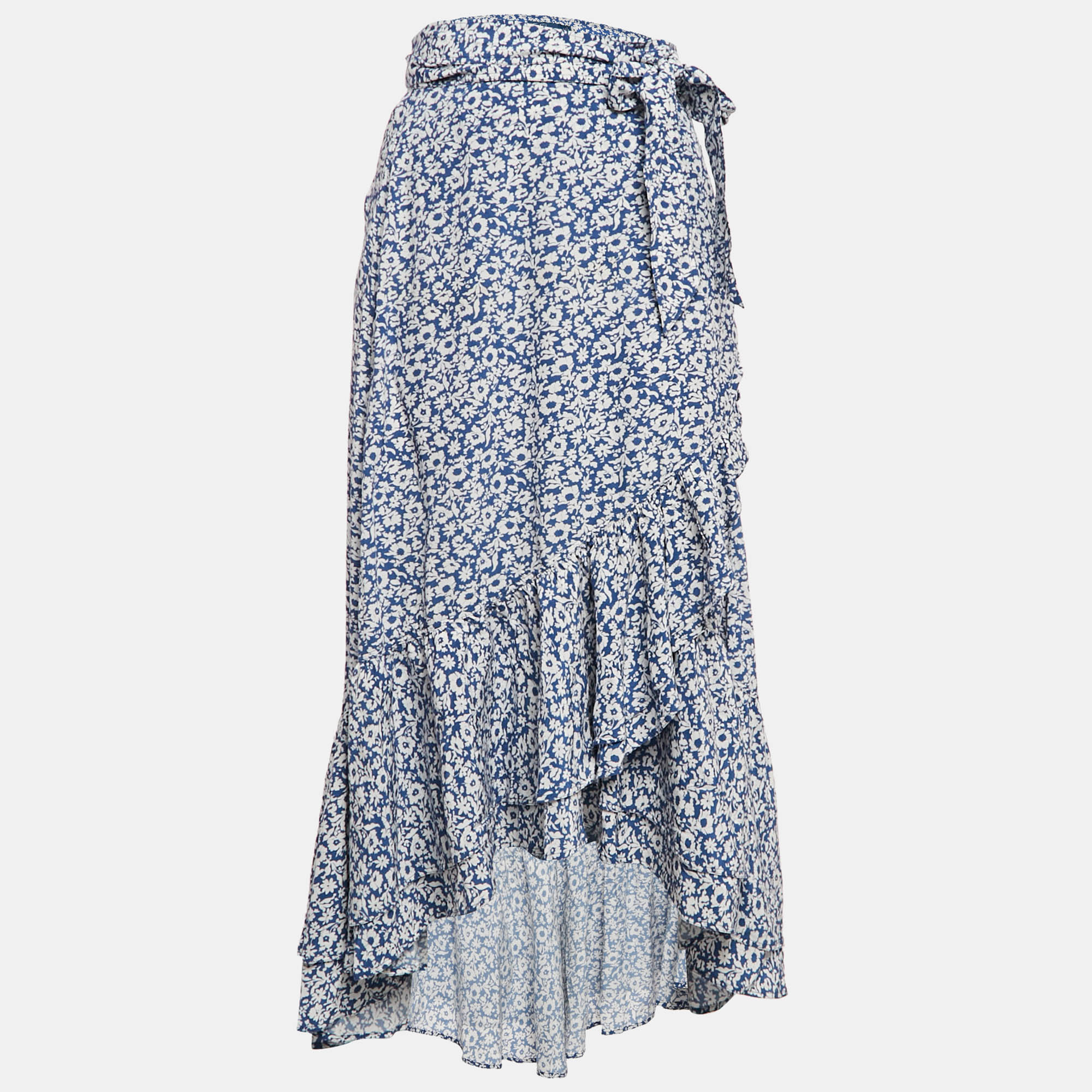 

Polo Ralph Lauren Blue Floral Print Viscose Ruffled Midi Wrap Skirt M