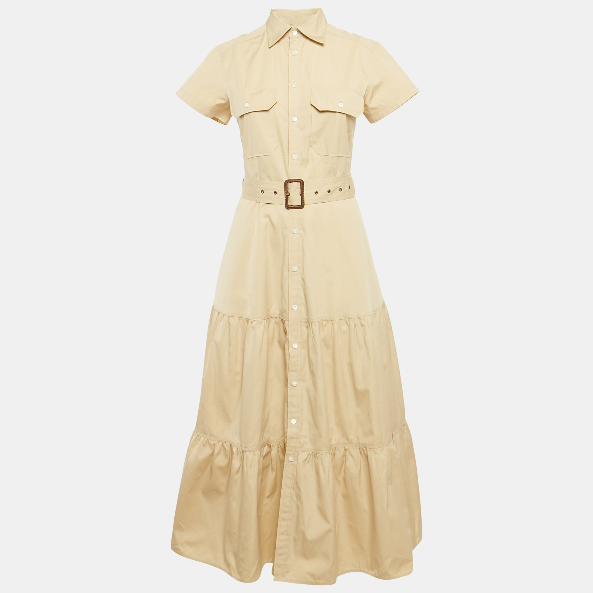 

Polo Ralph Lauren Beige Belted Button Front Tiered Midi Dress S