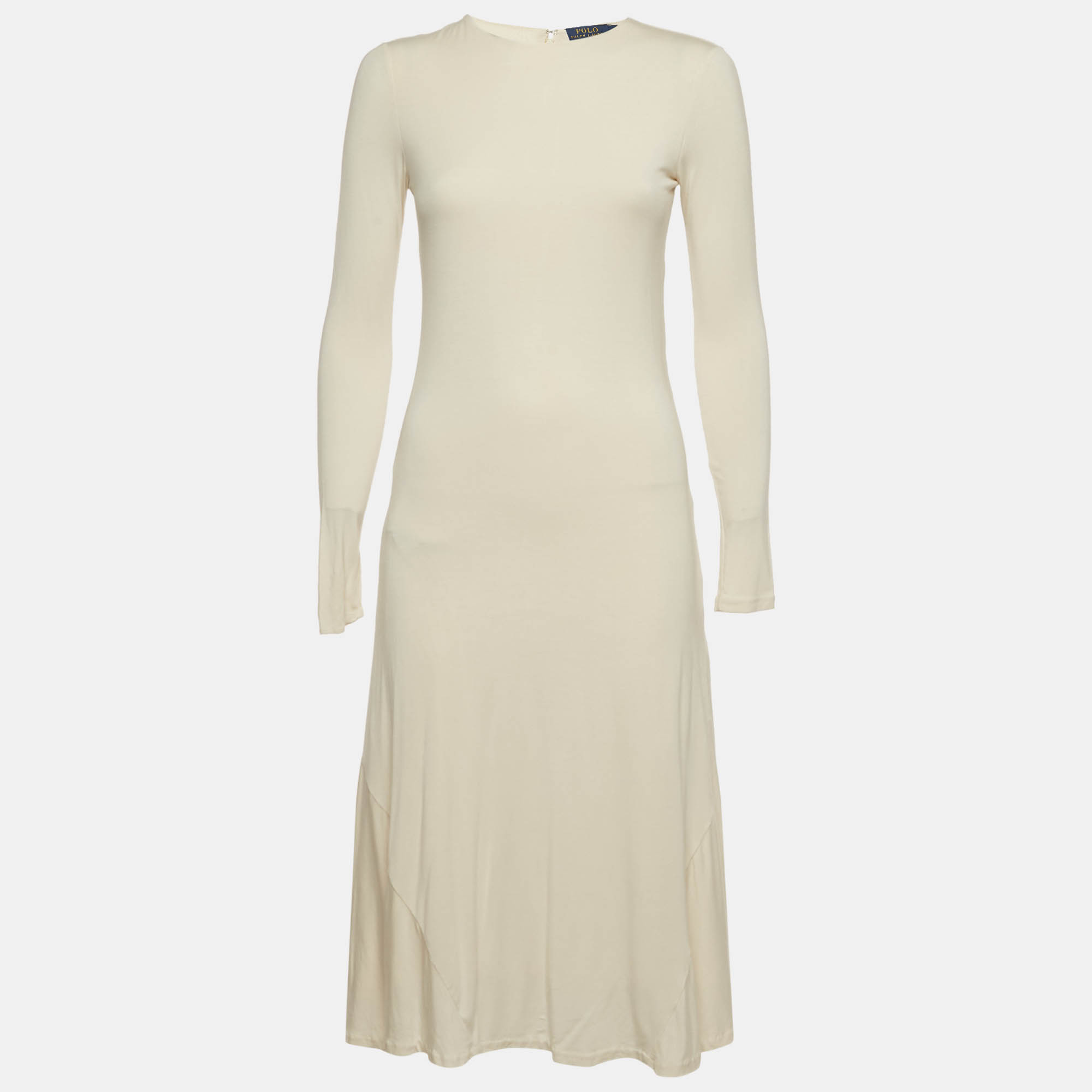 Pre-owned Polo Ralph Lauren Off-white Jersey Long Sleeve Midi Dress S