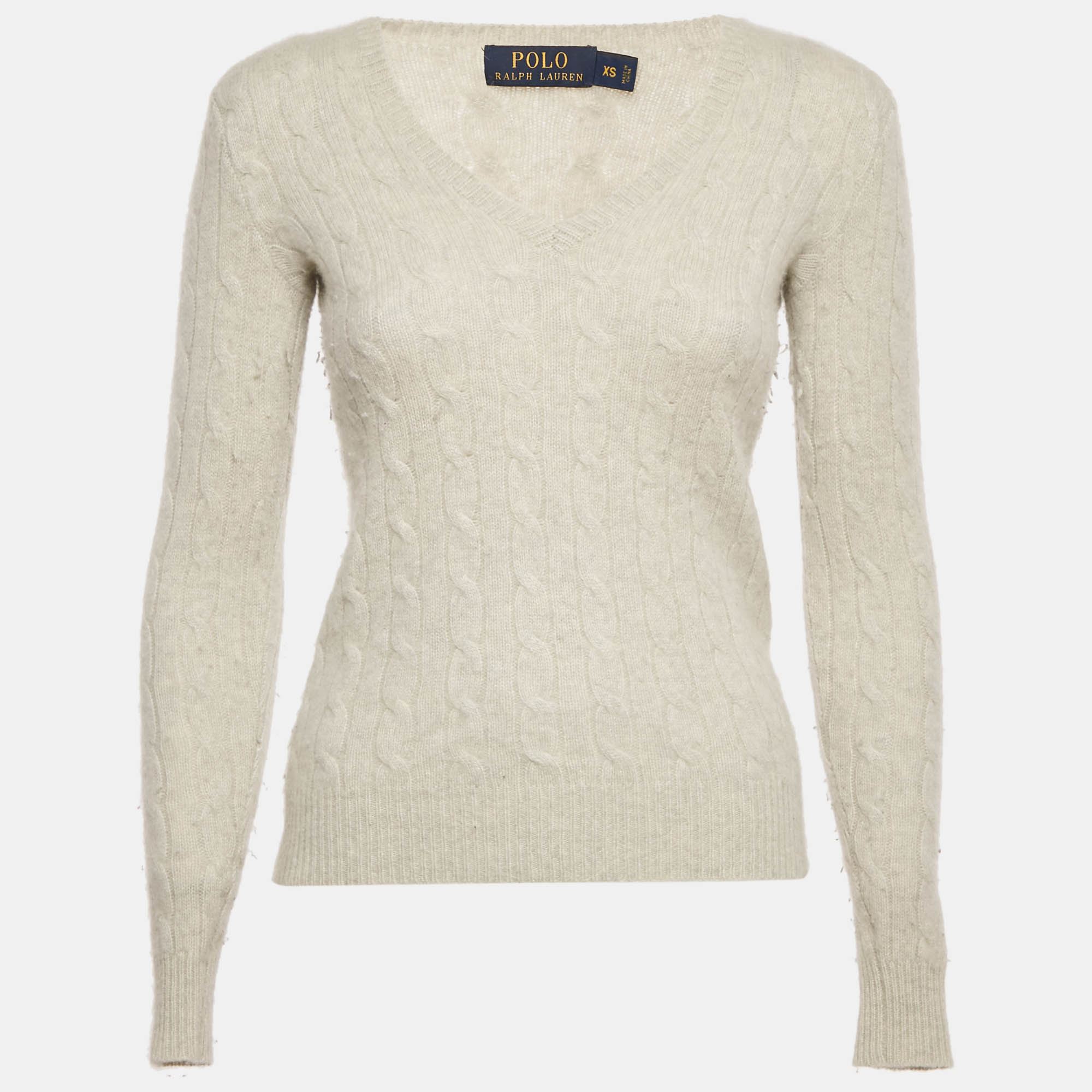 Pre-owned Polo Ralph Lauren Off-white Cable Knit V-neck Sweater Xs