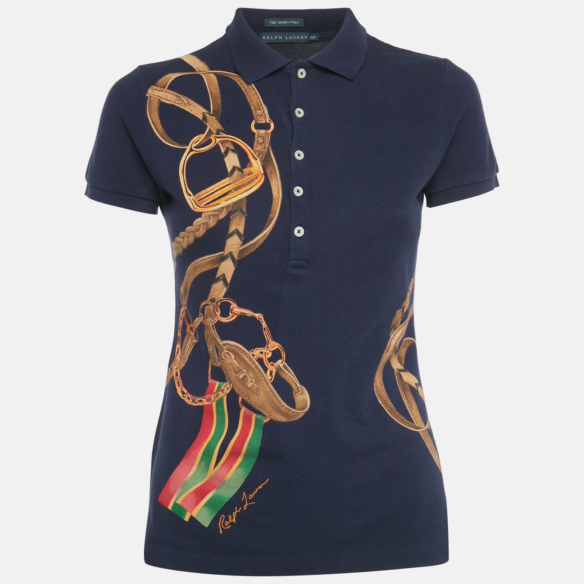 Ralph Lauren Navy Blue Belt Chain Print Cotton Skinny Polo T-Shirt S