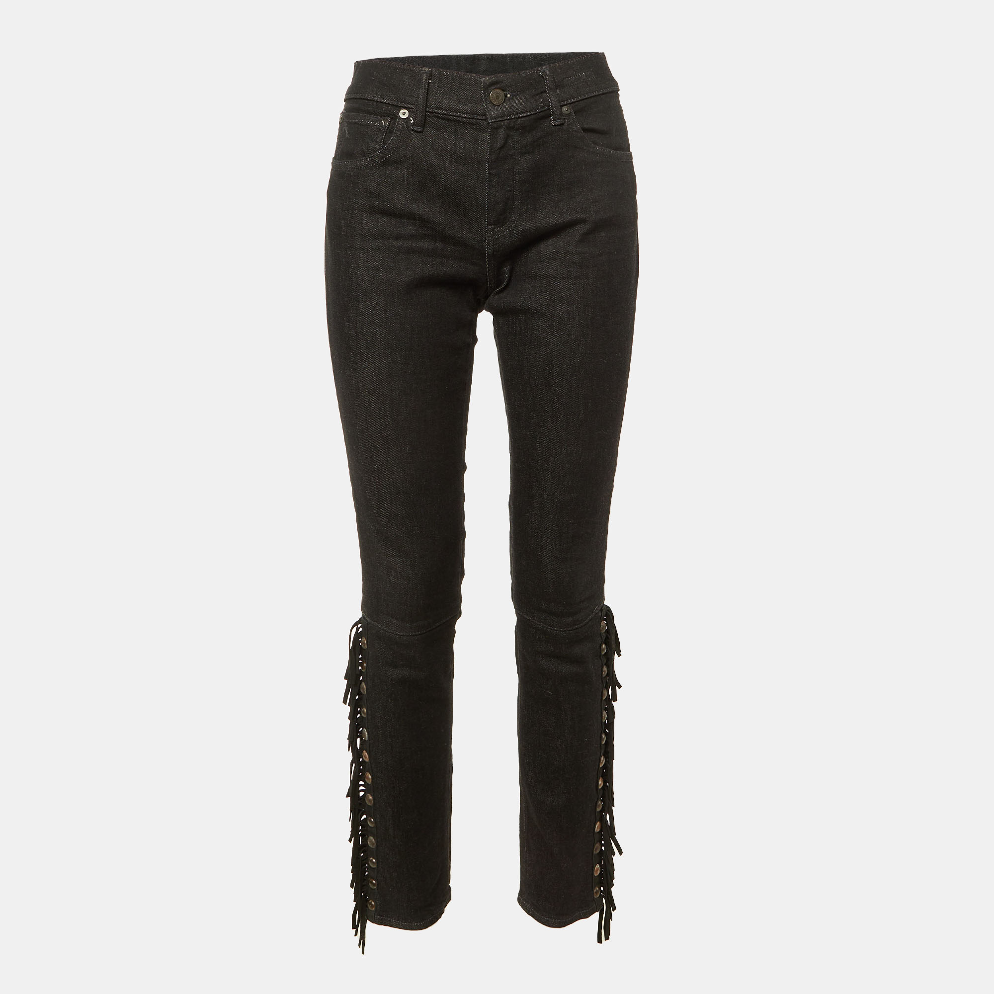 Pre-owned Polo Ralph Lauren Black Denim Fringed Skinny Jeans M/waist 31"