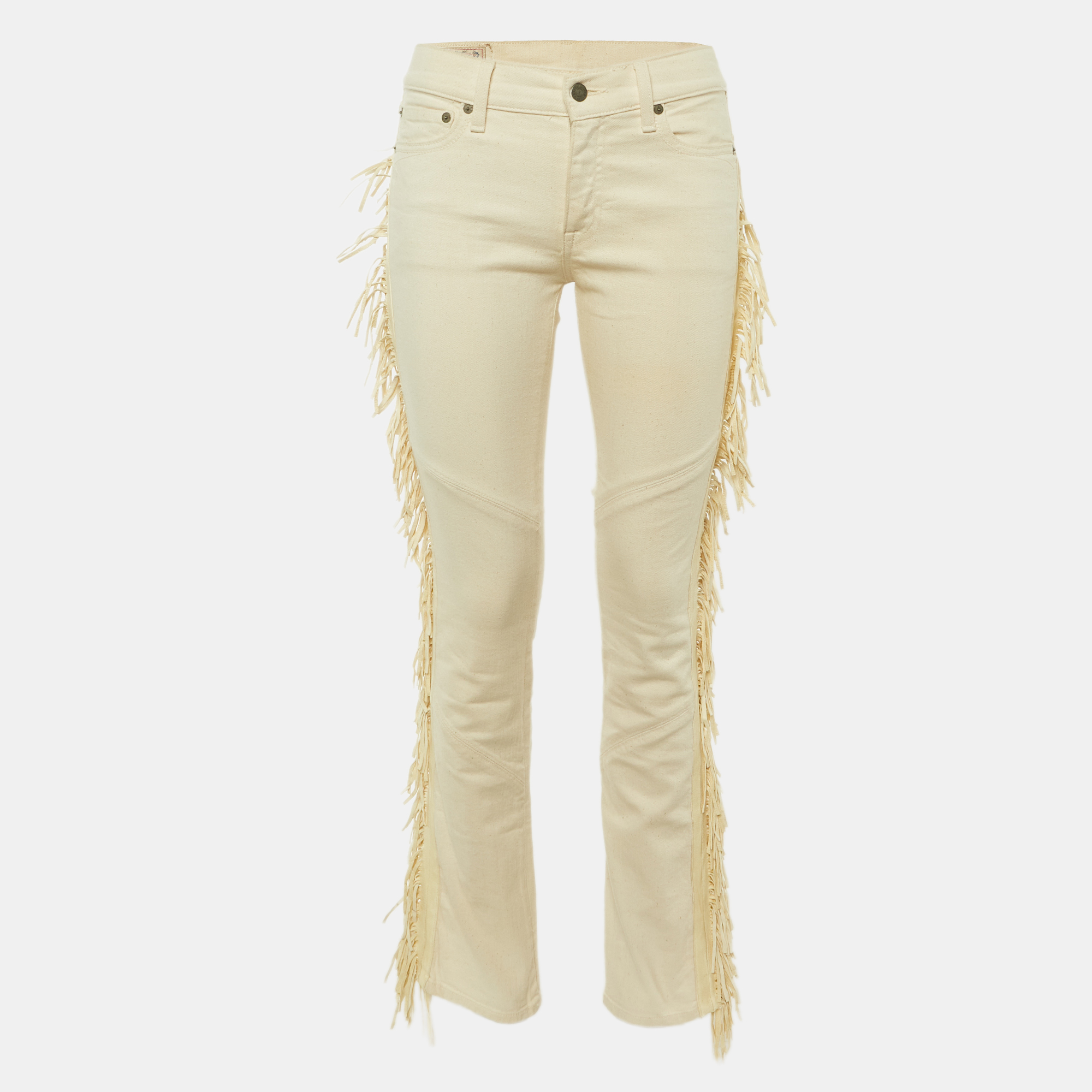 Pre-owned Polo Ralph Lauren Cream Denim Leather Fringed Skinny Jeans M/waist 31" In White