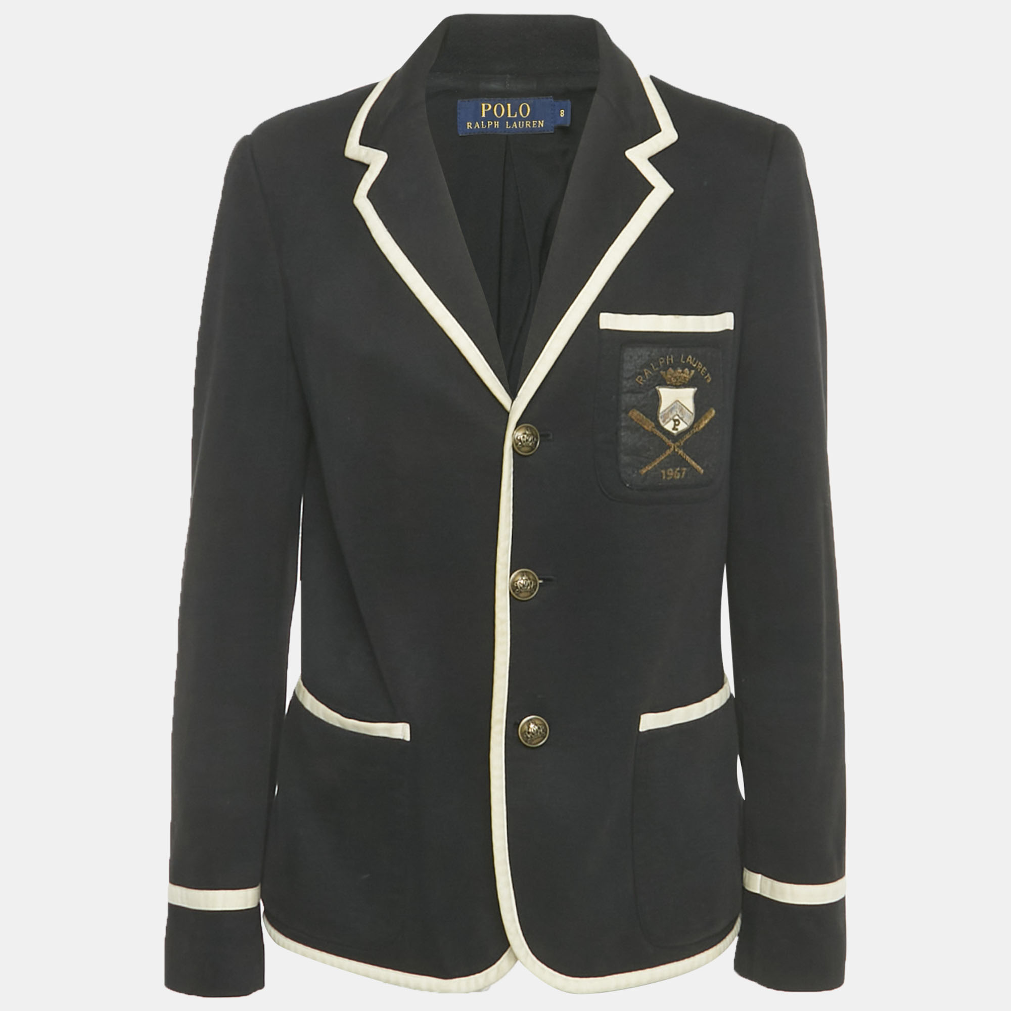 Pre-owned Polo Ralph Lauren Black Logo Embroidered Cotton Blend Blazer M