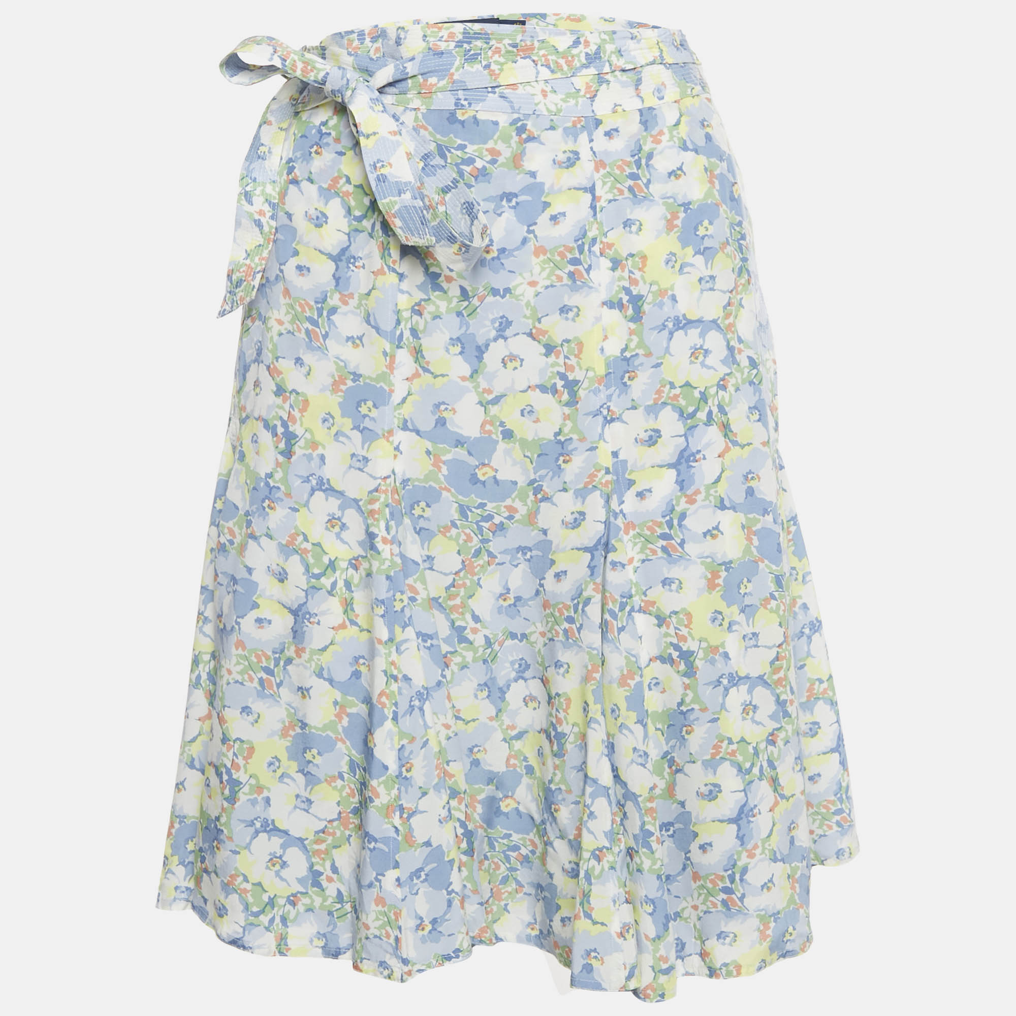 Pre-owned Polo Ralph Lauren Blue/white Floral Print Crepe Wrap Skirt Xl