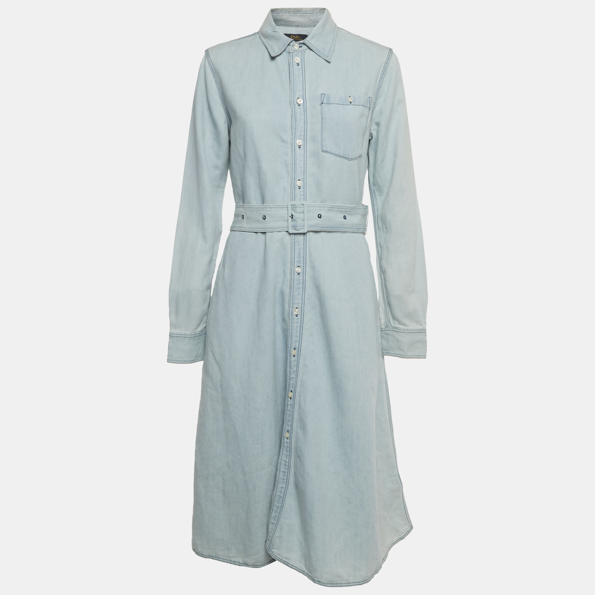 Pre-owned Polo Ralph Lauren Blue Denim Belted Shirt Midi Dress M