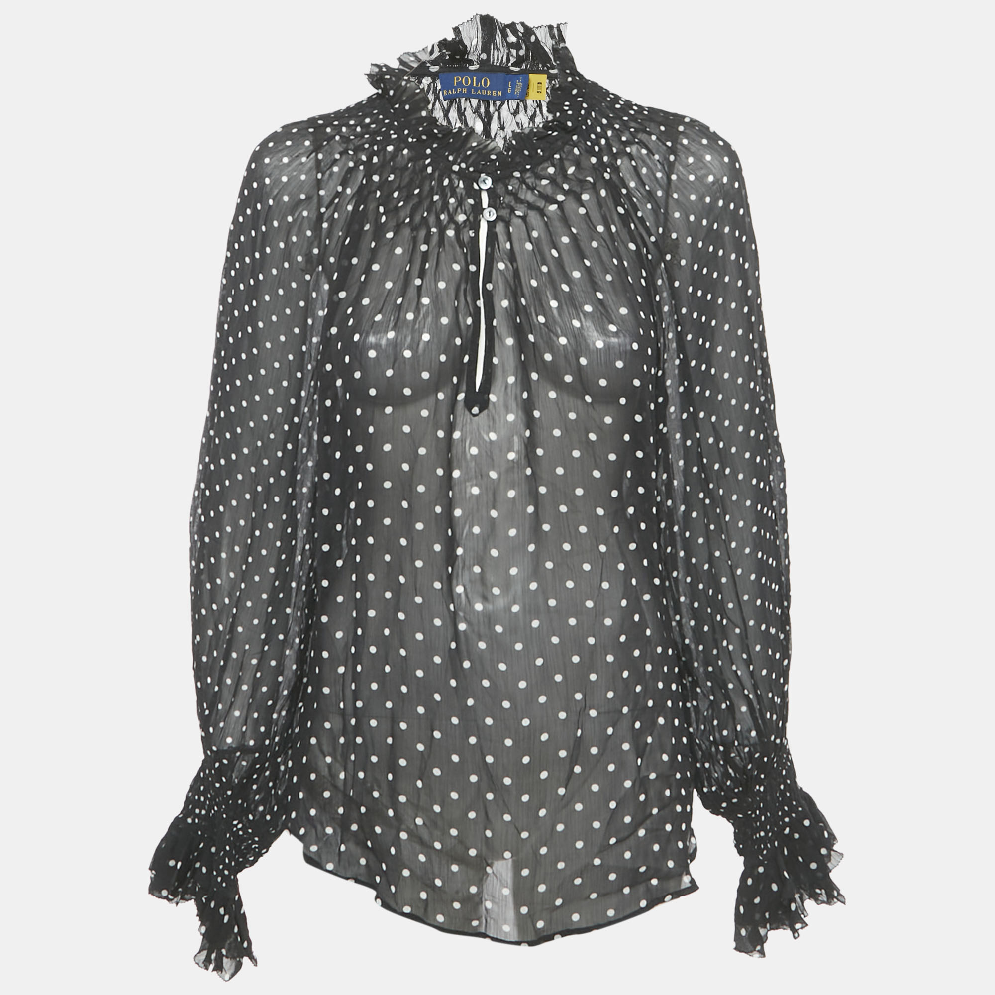 Pre-owned Polo Ralph Lauren Black Polka Dot Georgette Sheer Blouse L