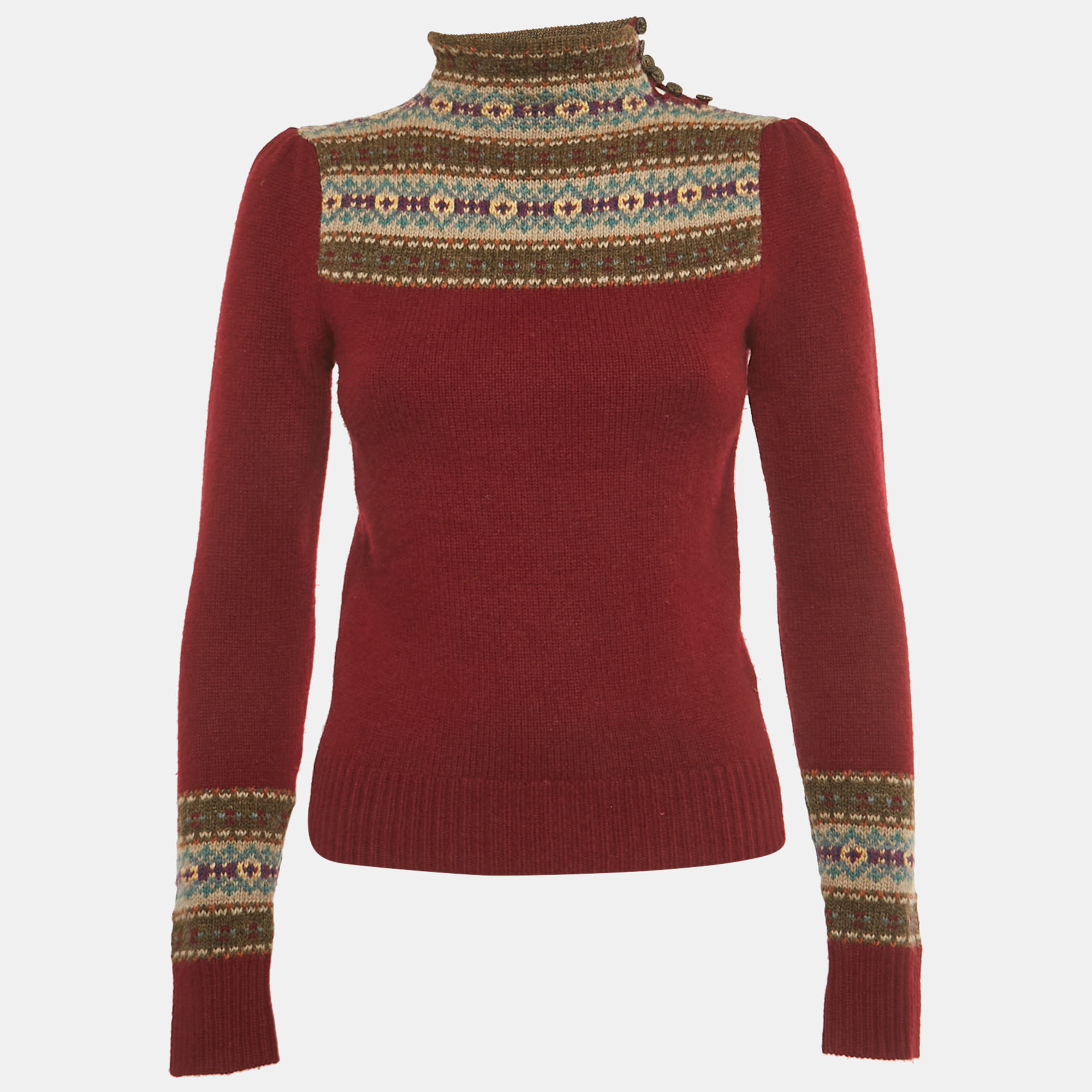 Pre-owned Polo Ralph Lauren Burgundy Intarsia Wool High-neck Sweater Xs