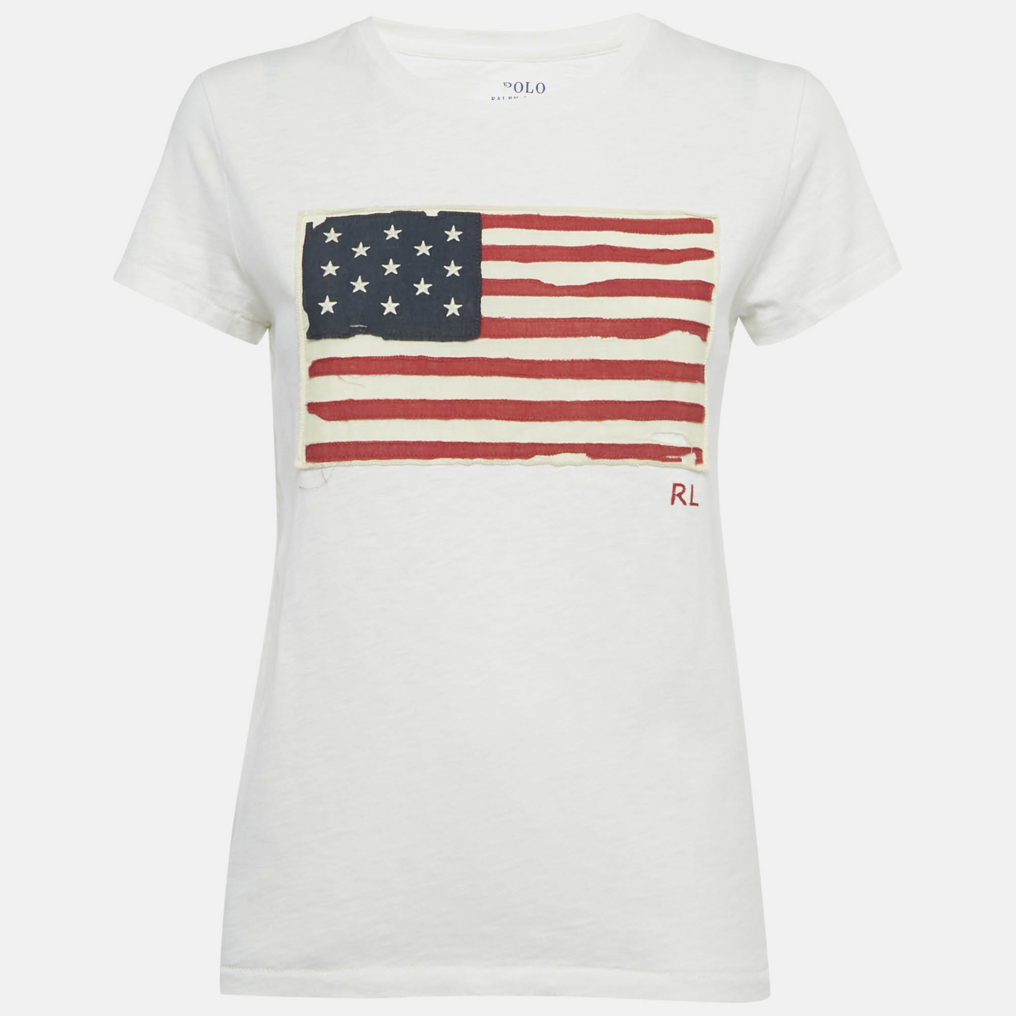 Pre-owned Polo Ralph Lauren White American Flag Applique Cotton T-shirt S
