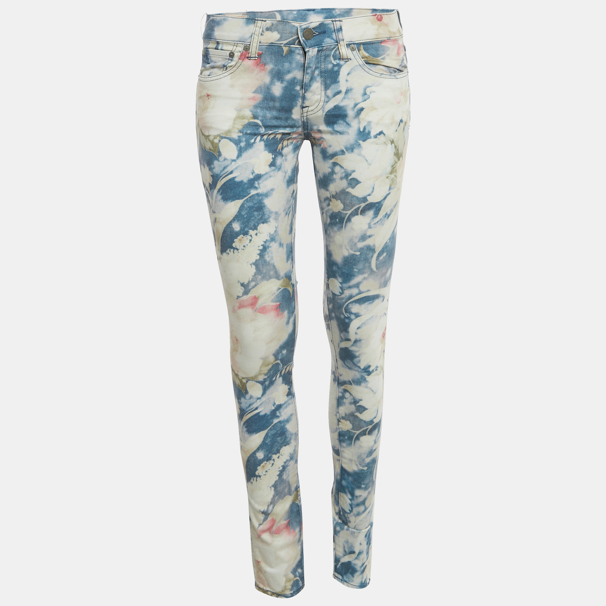 Pre-owned Polo Ralph Lauren Blue Floral Print Denim Tompkins Skinny Jeans S/waist 28"