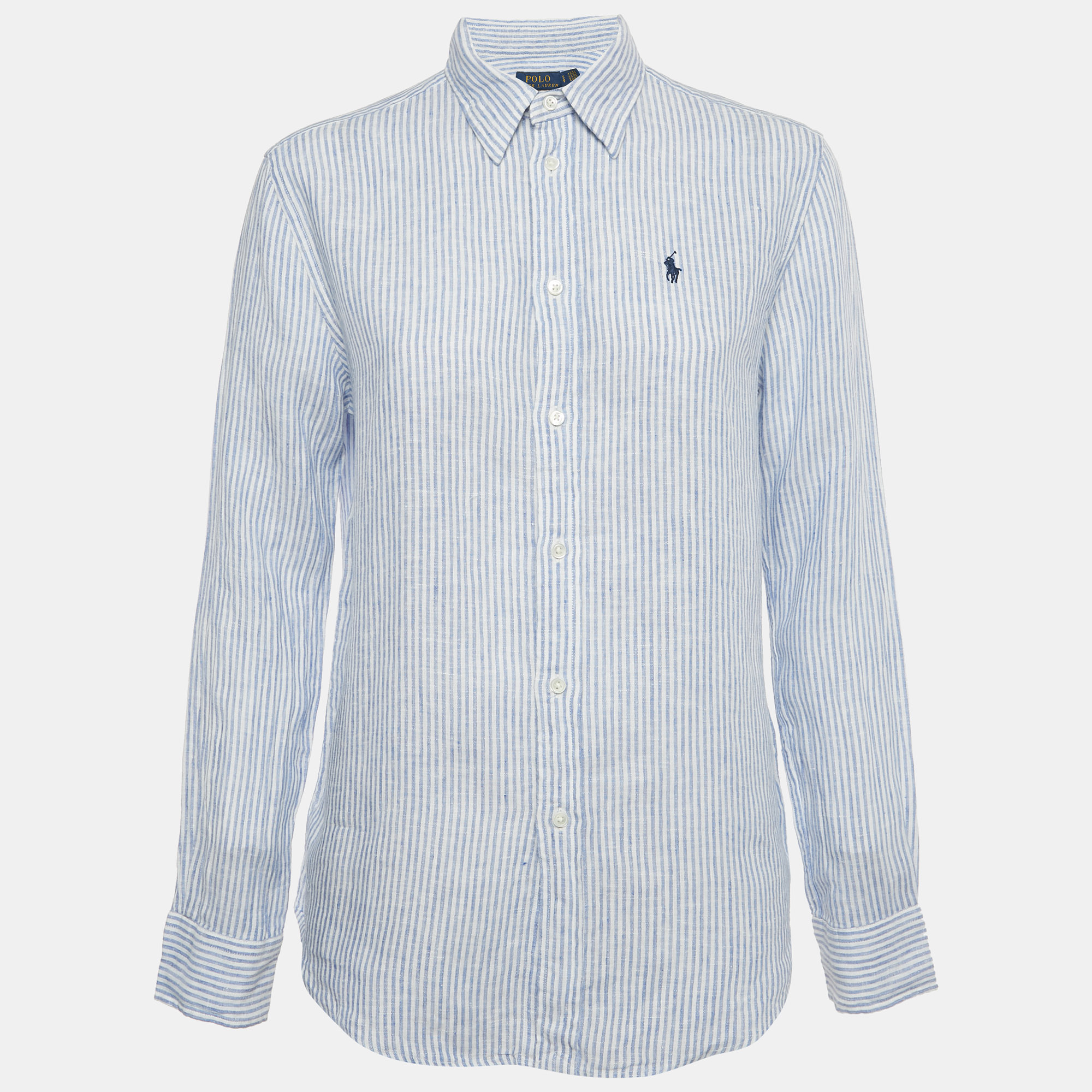 Pre-owned Polo Ralph Lauren White/blue Striped Linen Relaxed Fit Shirt S