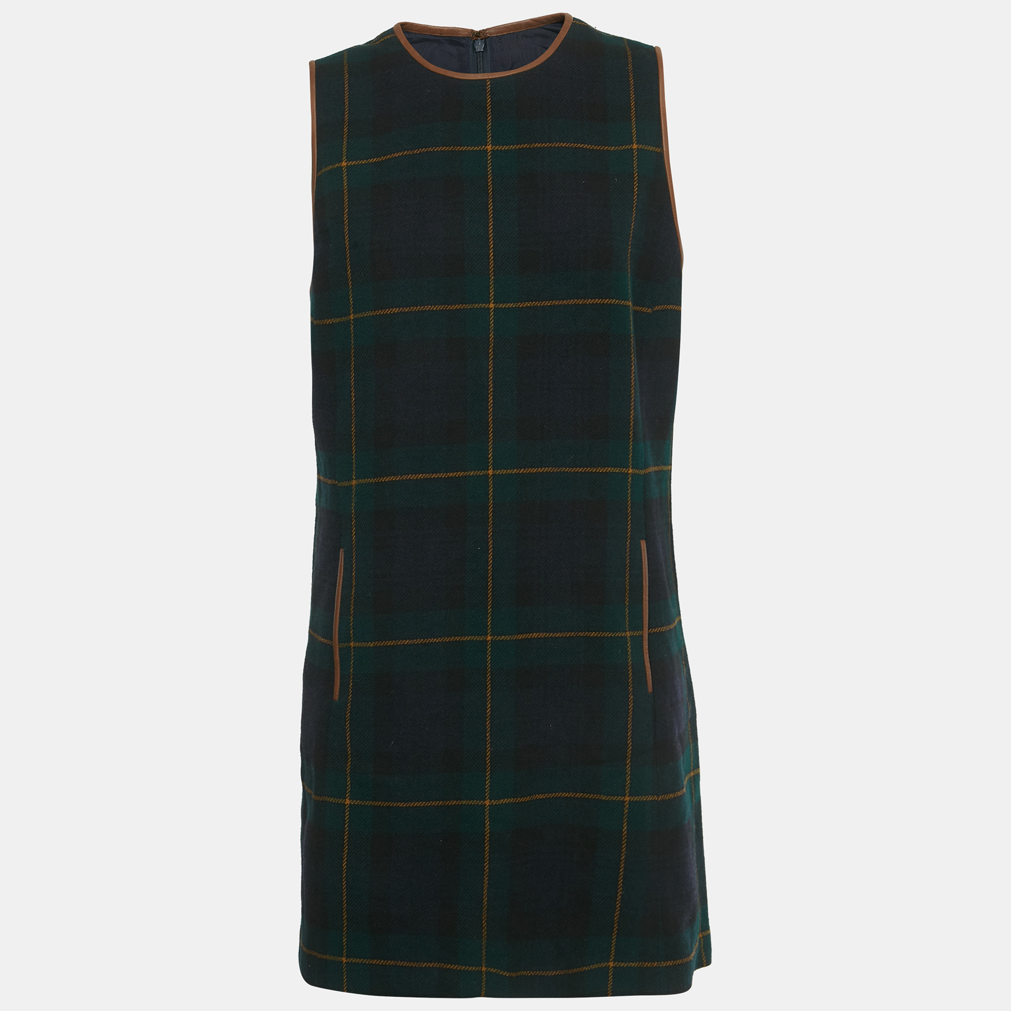 Pre-owned Polo Ralph Lauren Green /navy Blue Plaid Leather Trim Mini Dress L