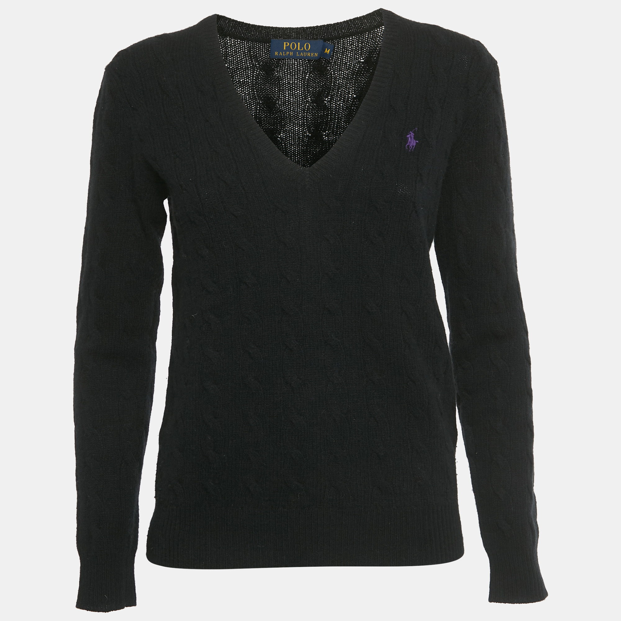Pre-owned Polo Ralph Lauren Black Cable Knit V-neck Sweater M