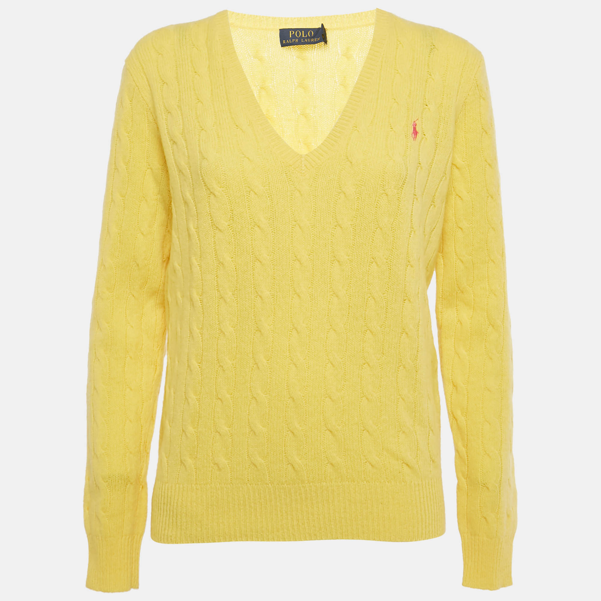

Polo Ralph Lauren Yellow Logo Embroidered Cable Knit Sweater L