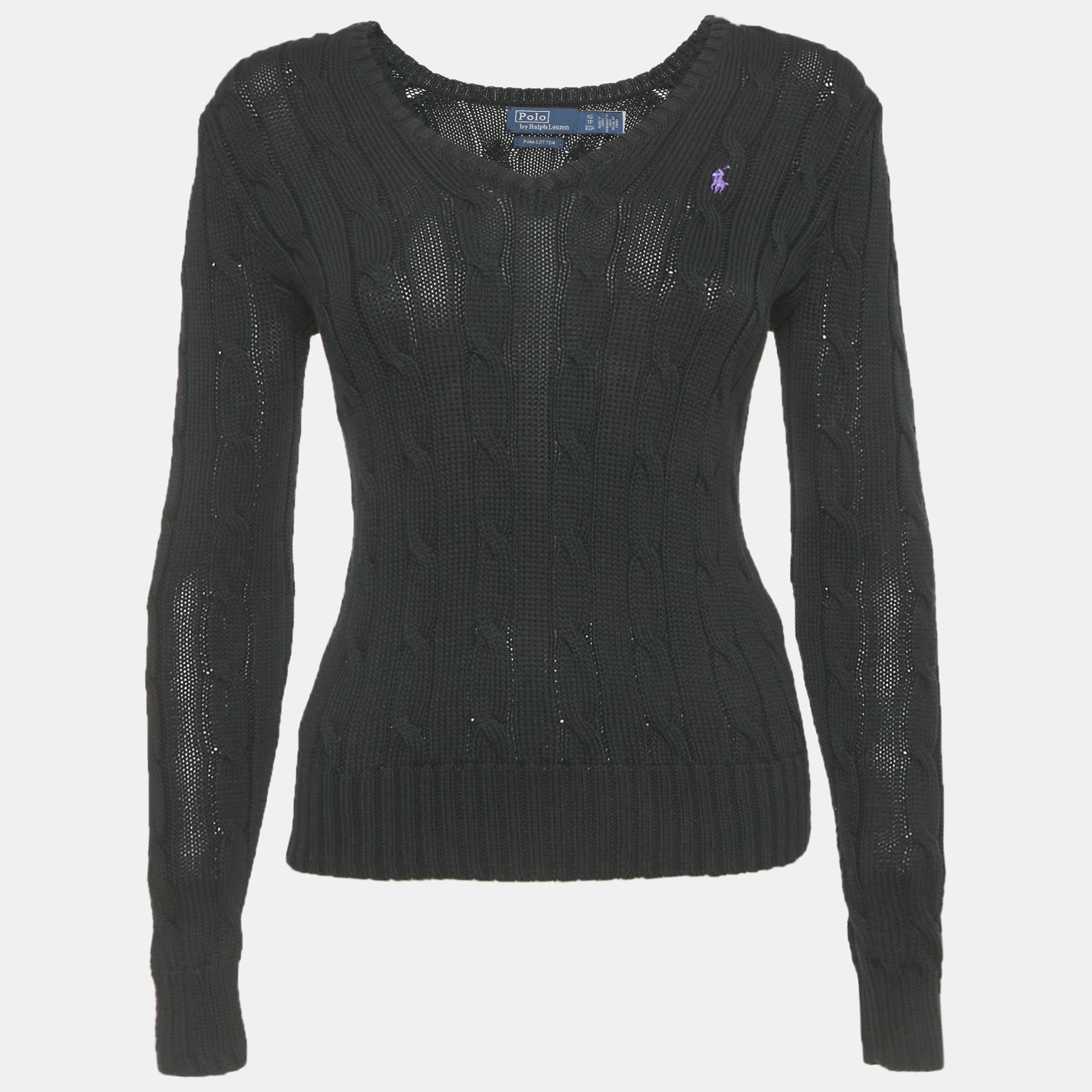 Pre-owned Polo Ralph Lauren Black Cable Knit V-neck Sweater Xs
