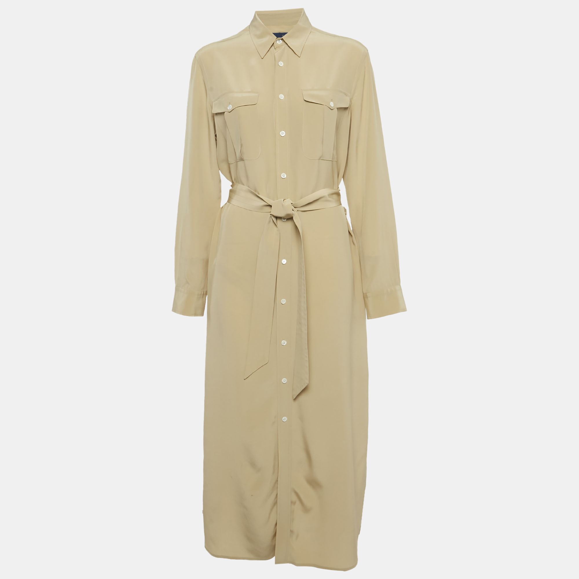 

Polo Ralph Lauren Beige Silk Belted Long Shirt Dress L