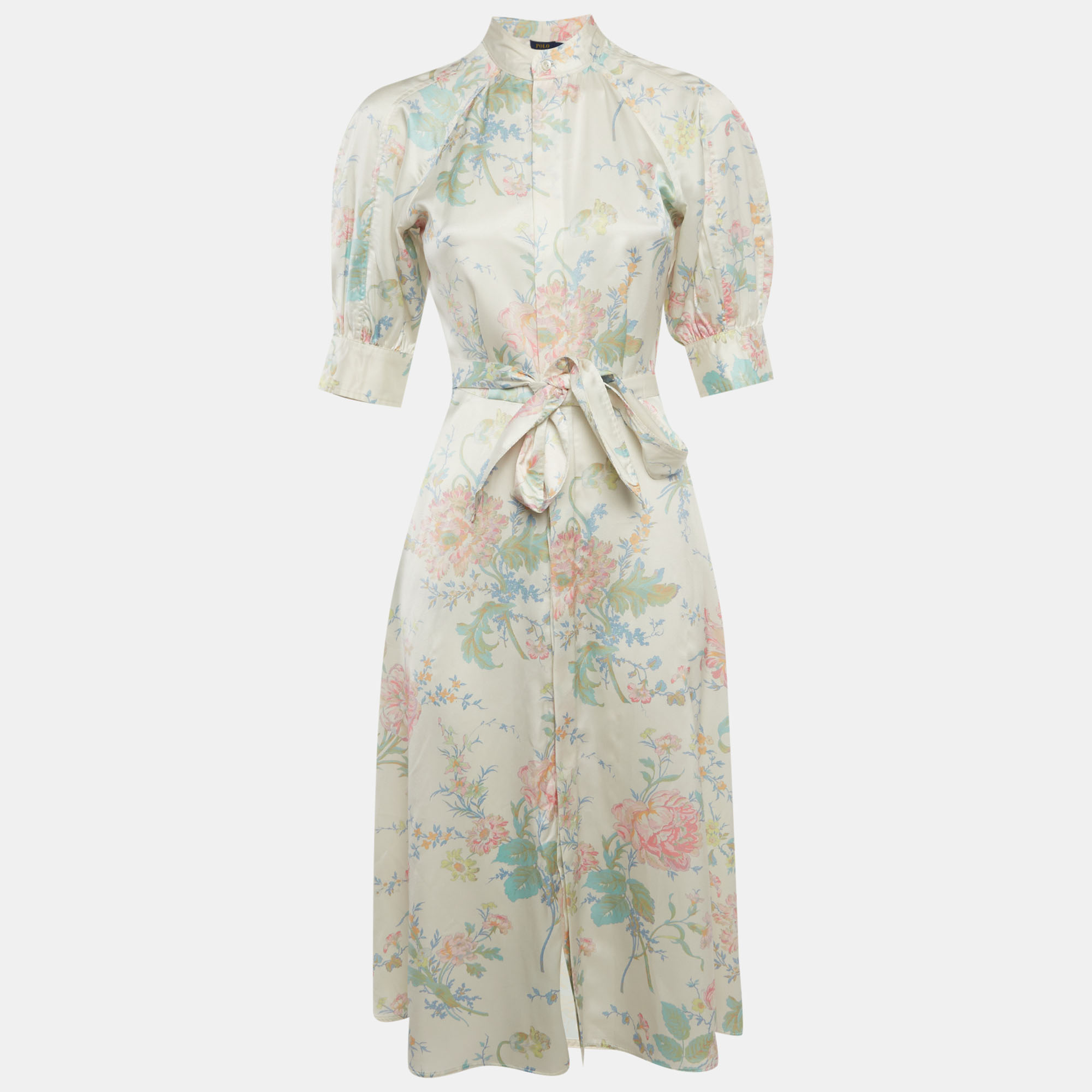

Polo Ralph Lauren Cream Satin Floral Print Belted Dress XS